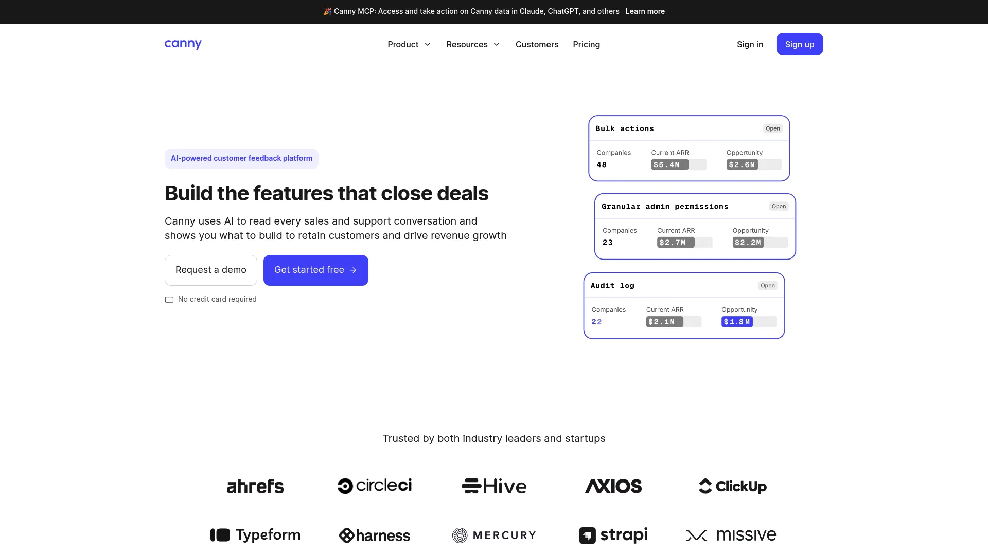Canny feedback and changelog software homepage