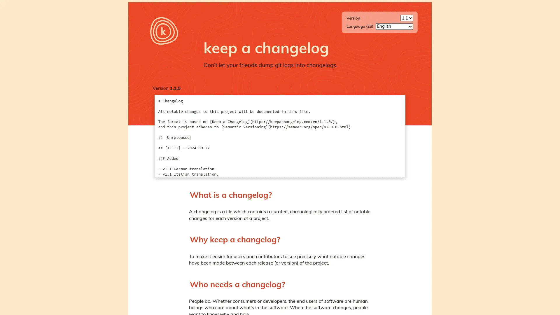 Keep a Changelog convention site homepage