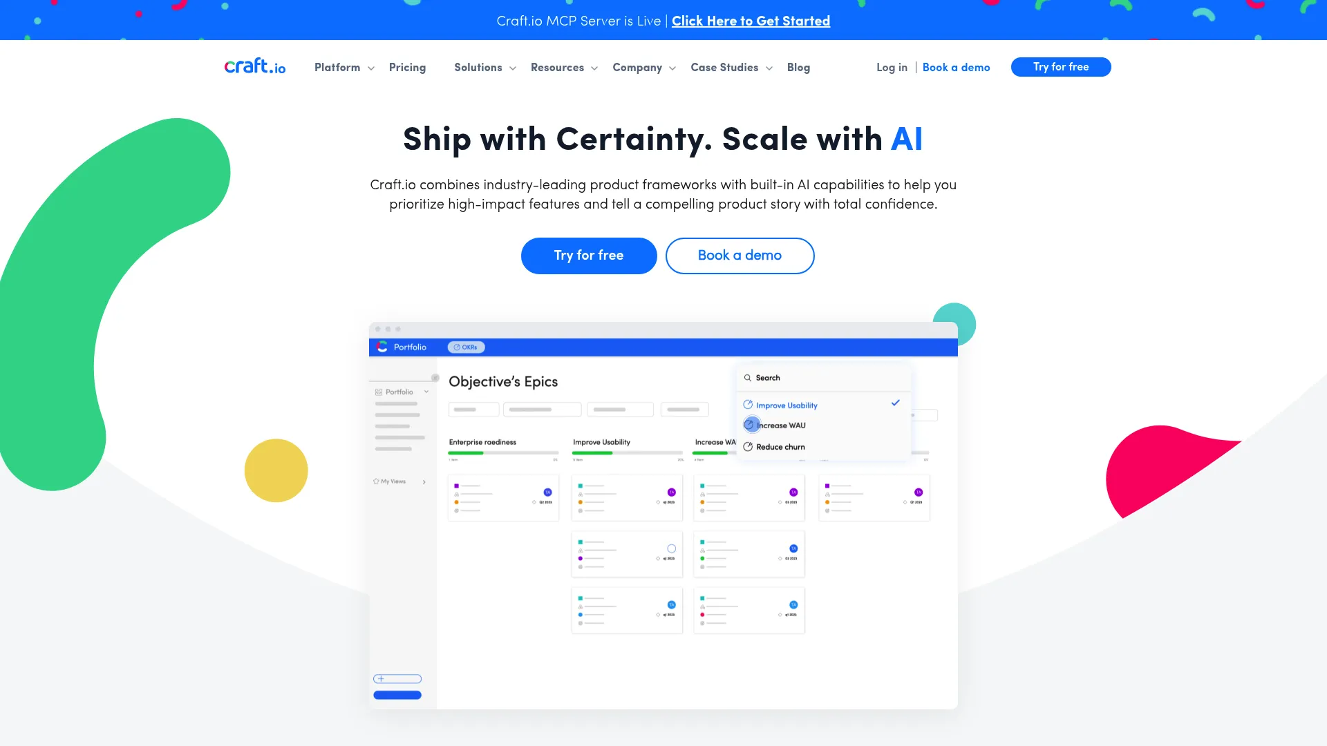 Craft.io product management platform homepage