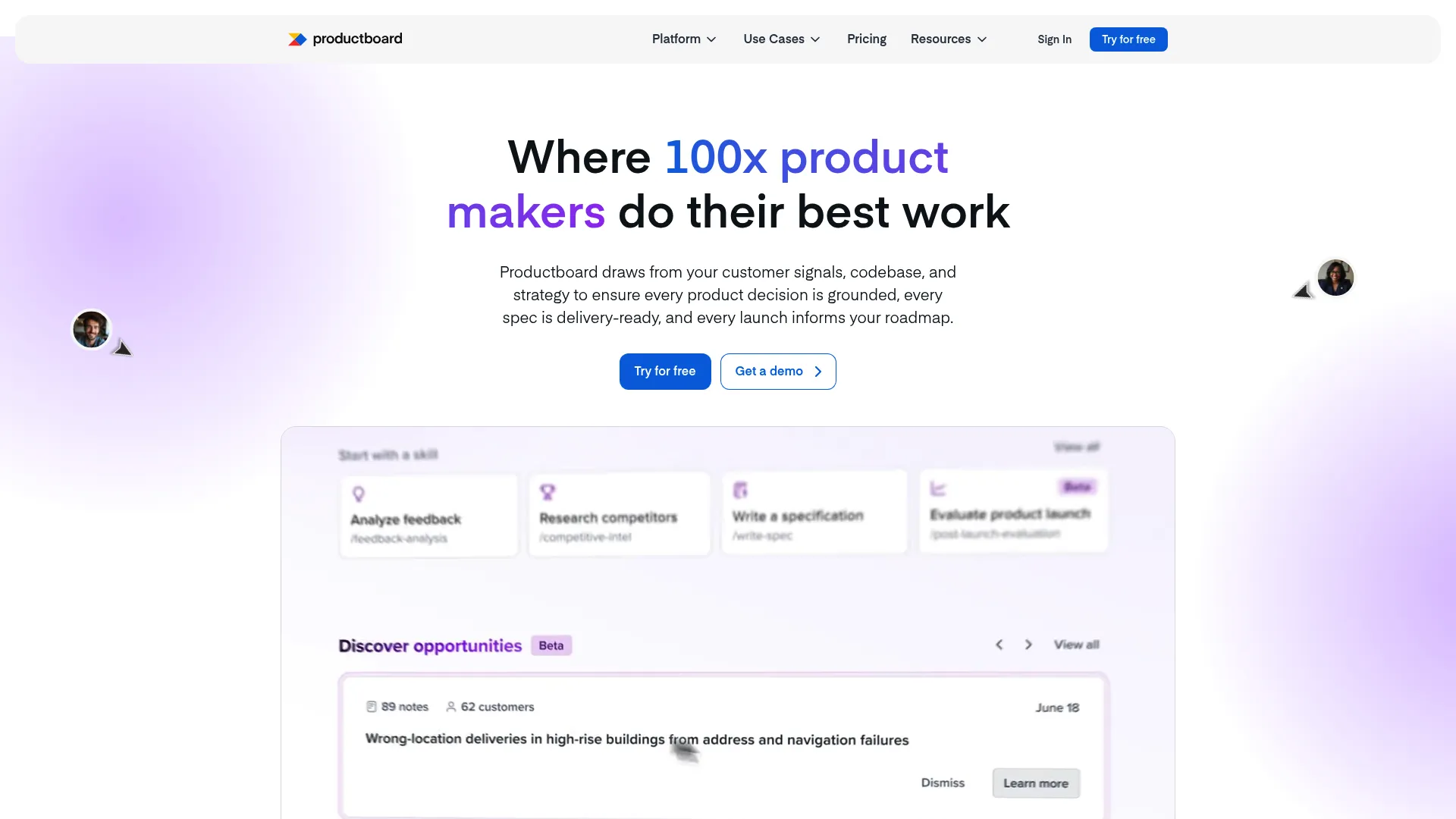Productboard product roadmap software homepage