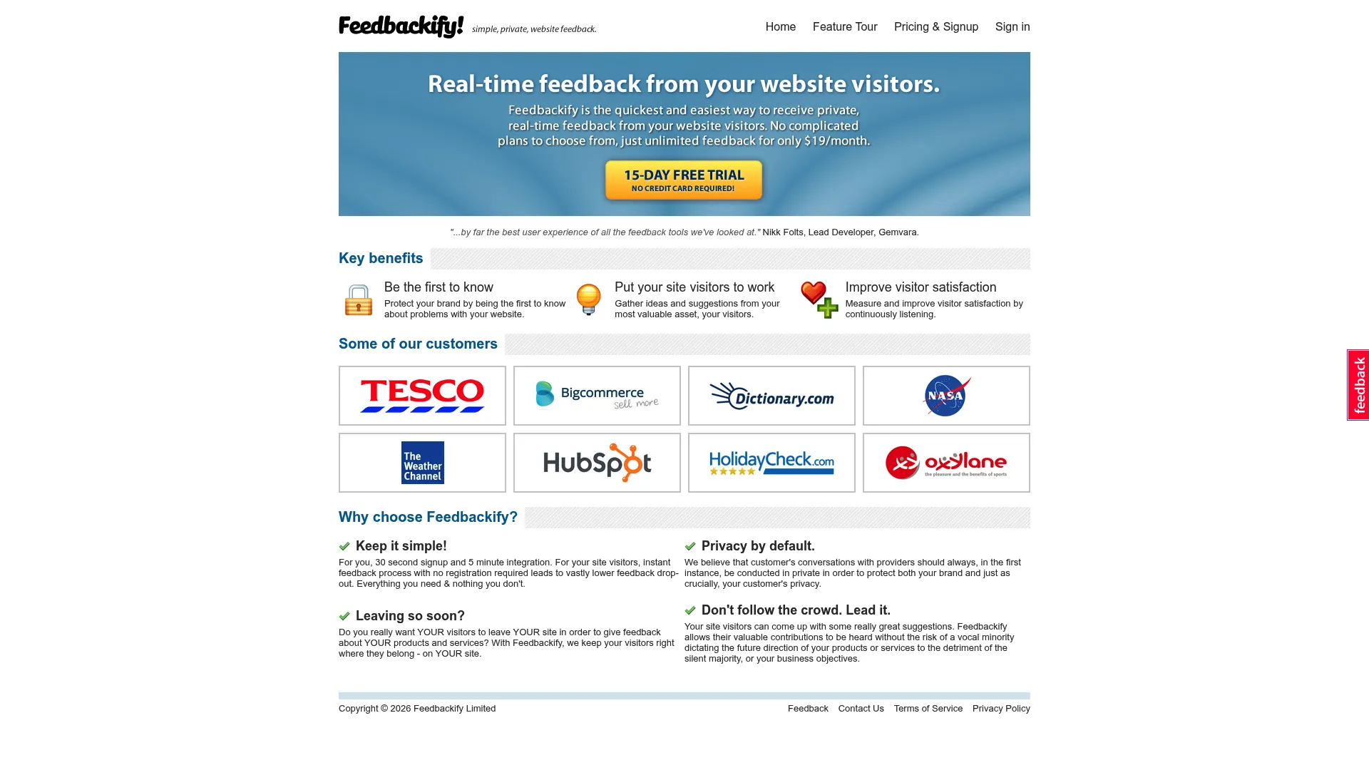 Feedbackify simple website feedback widget homepage