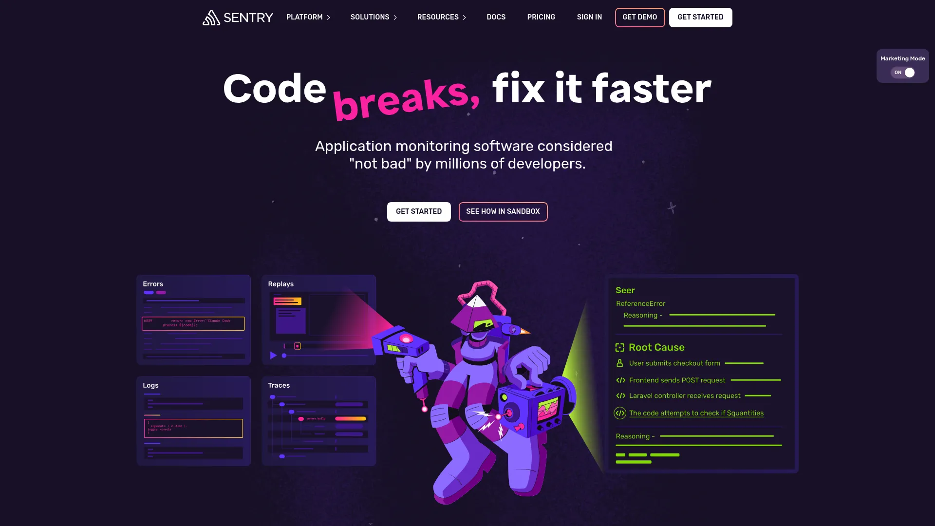 Sentry application monitoring and error tracking homepage