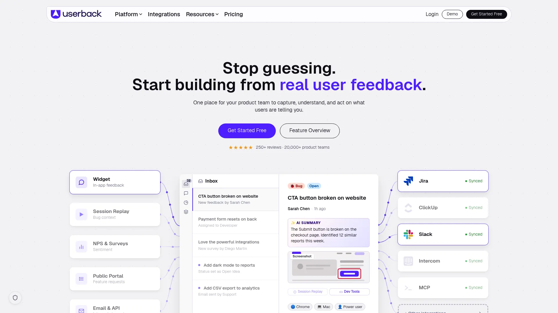 Userback user feedback and bug tracking platform homepage