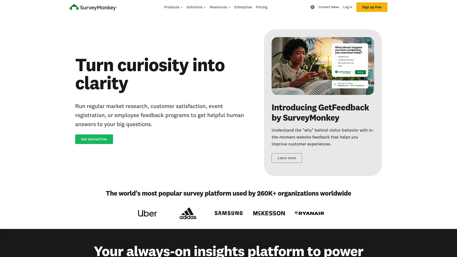 SurveyMonkey homepage showing online survey and feedback platform