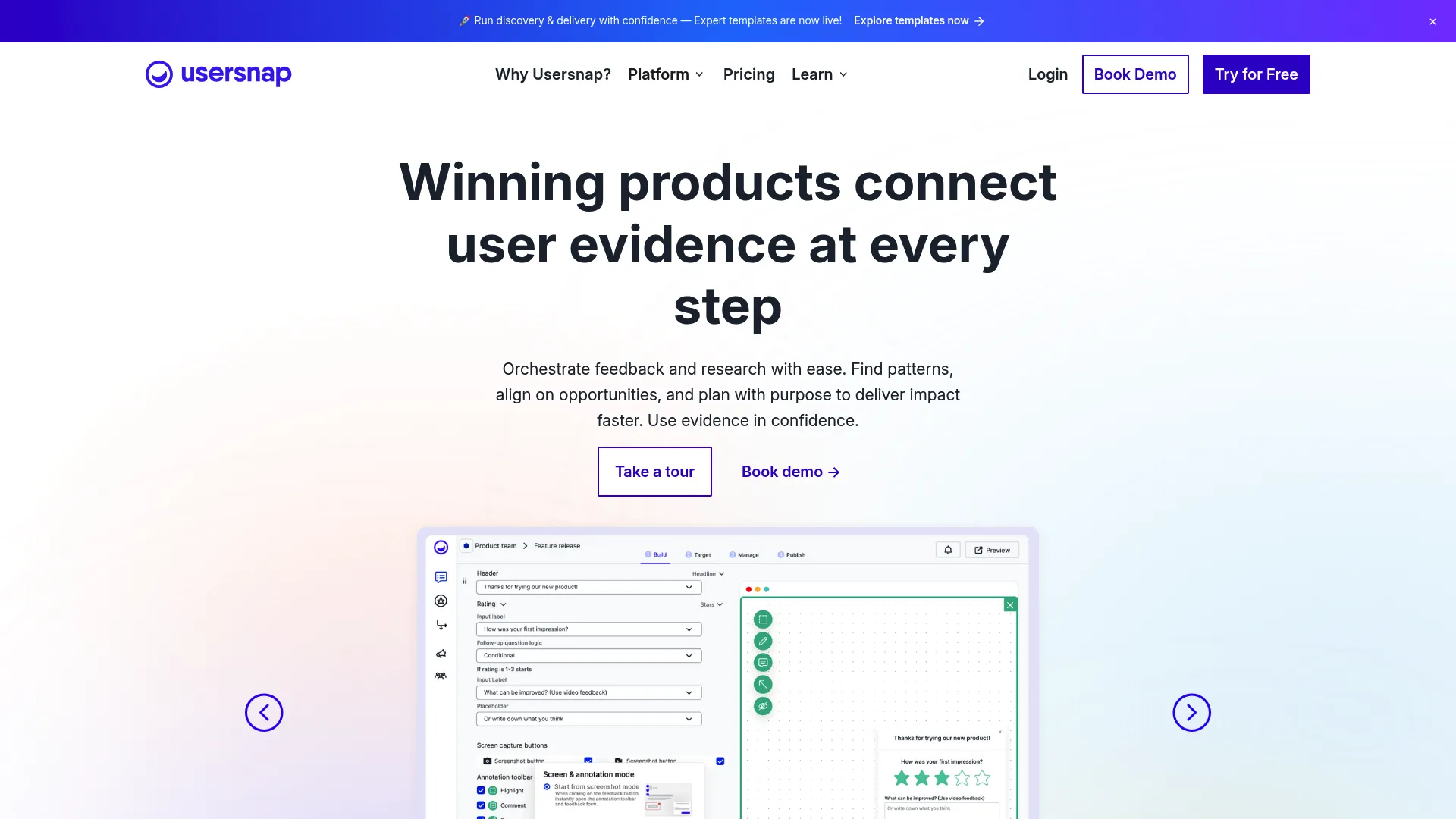 Usersnap customer feedback and visual capture platform homepage