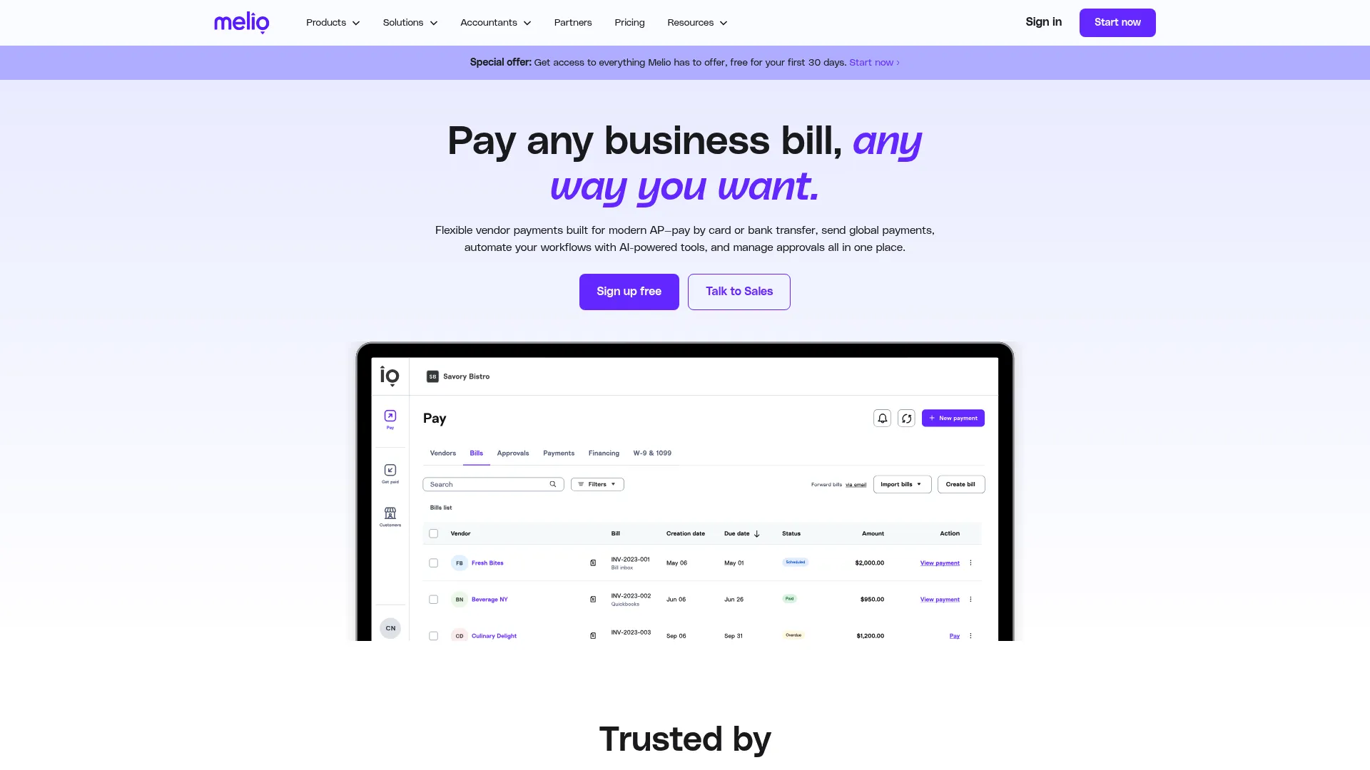 Melio homepage showing accounts payable and receivable platform