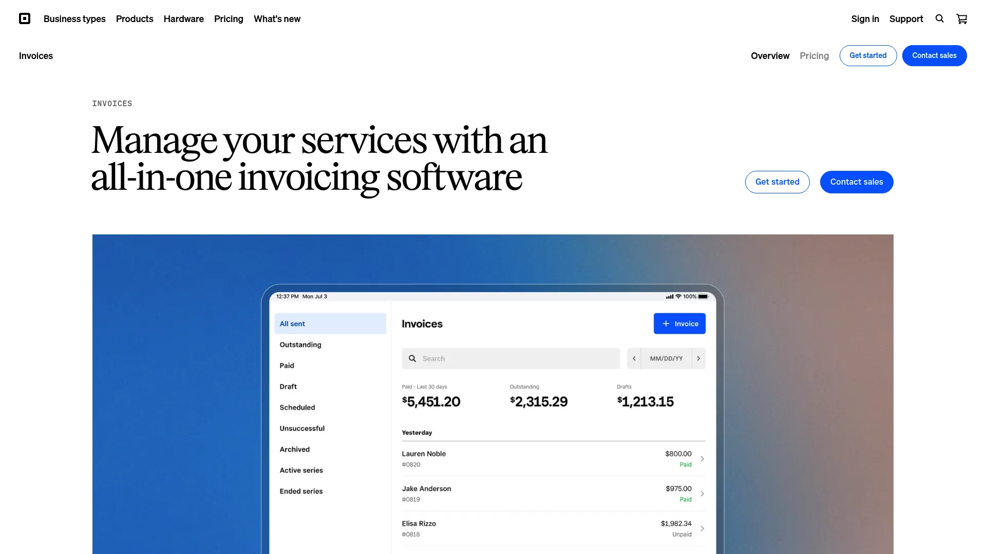 Square Invoices homepage showing invoice creation and payments