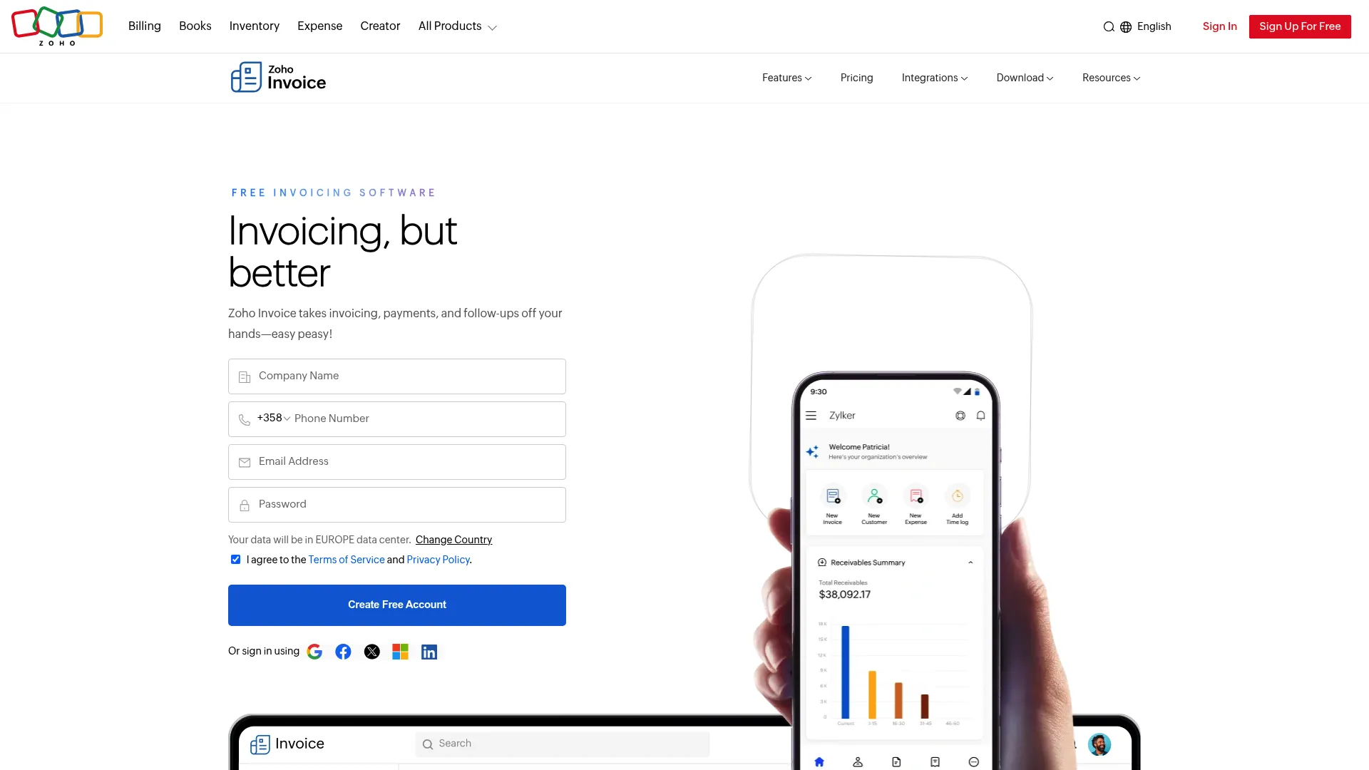 Zoho Invoice homepage showing free invoicing software