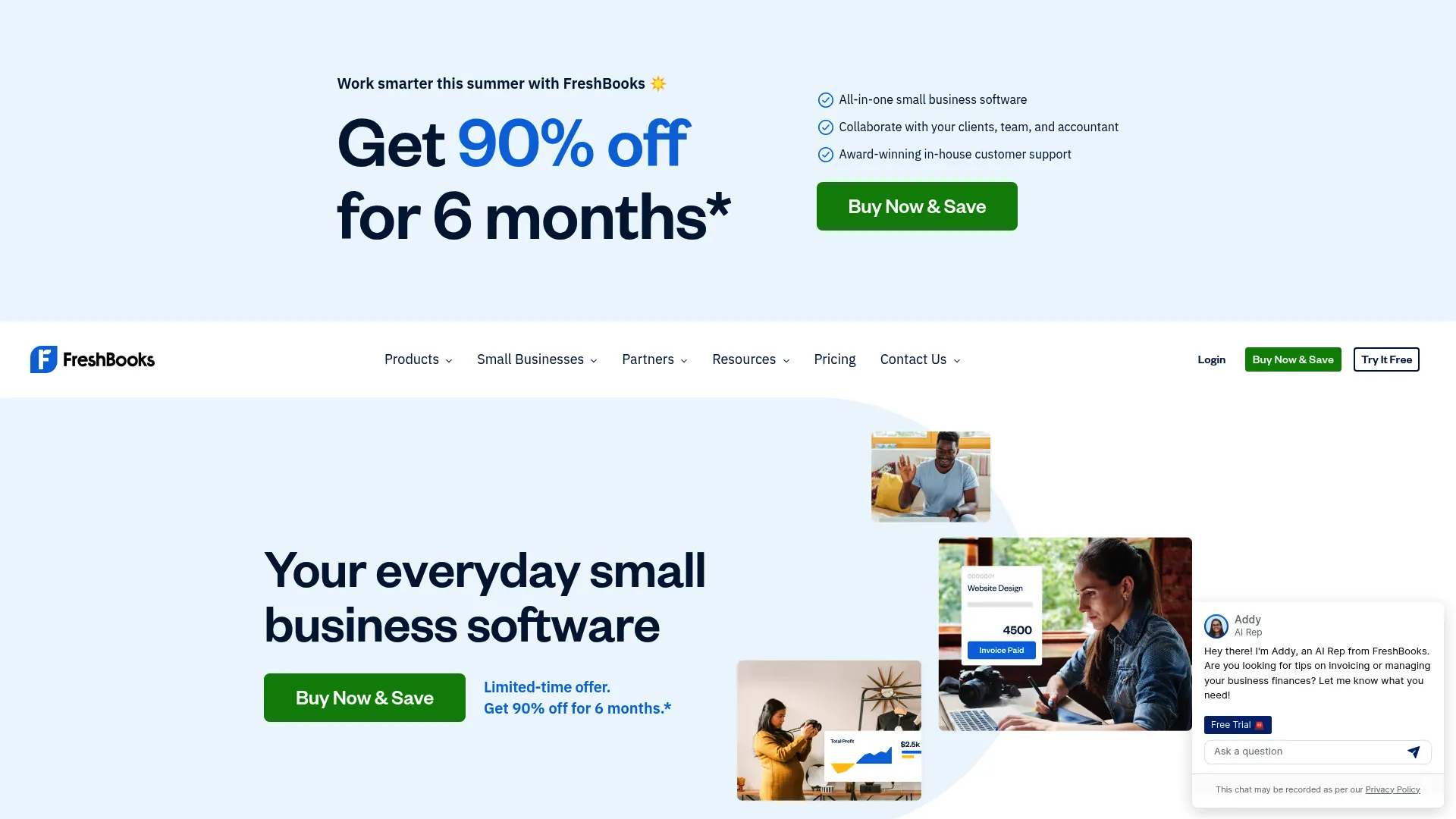 FreshBooks homepage showing invoicing and accounting software