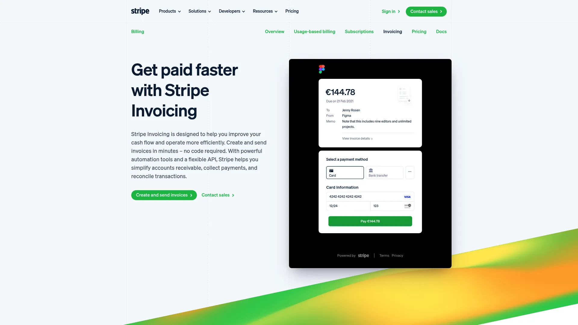 Stripe Invoicing homepage showing invoice creation and collection