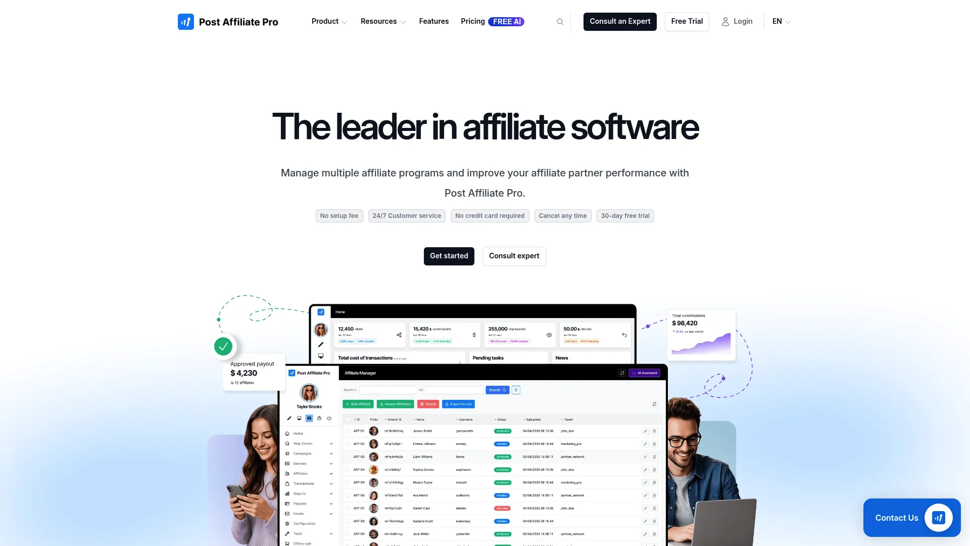 Post Affiliate Pro affiliate tracking and management software homepage