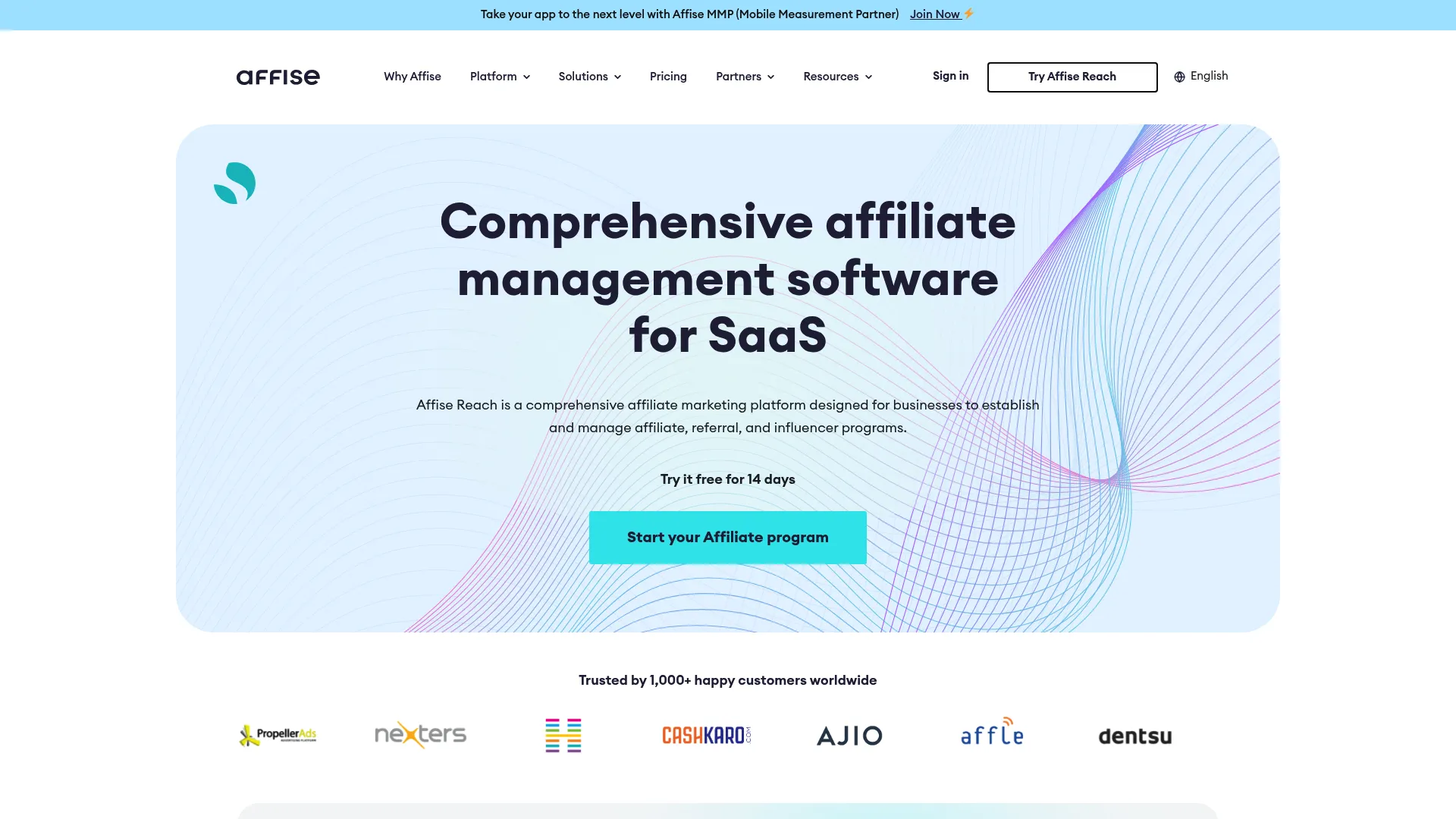 Affise Reach partnership marketing software homepage