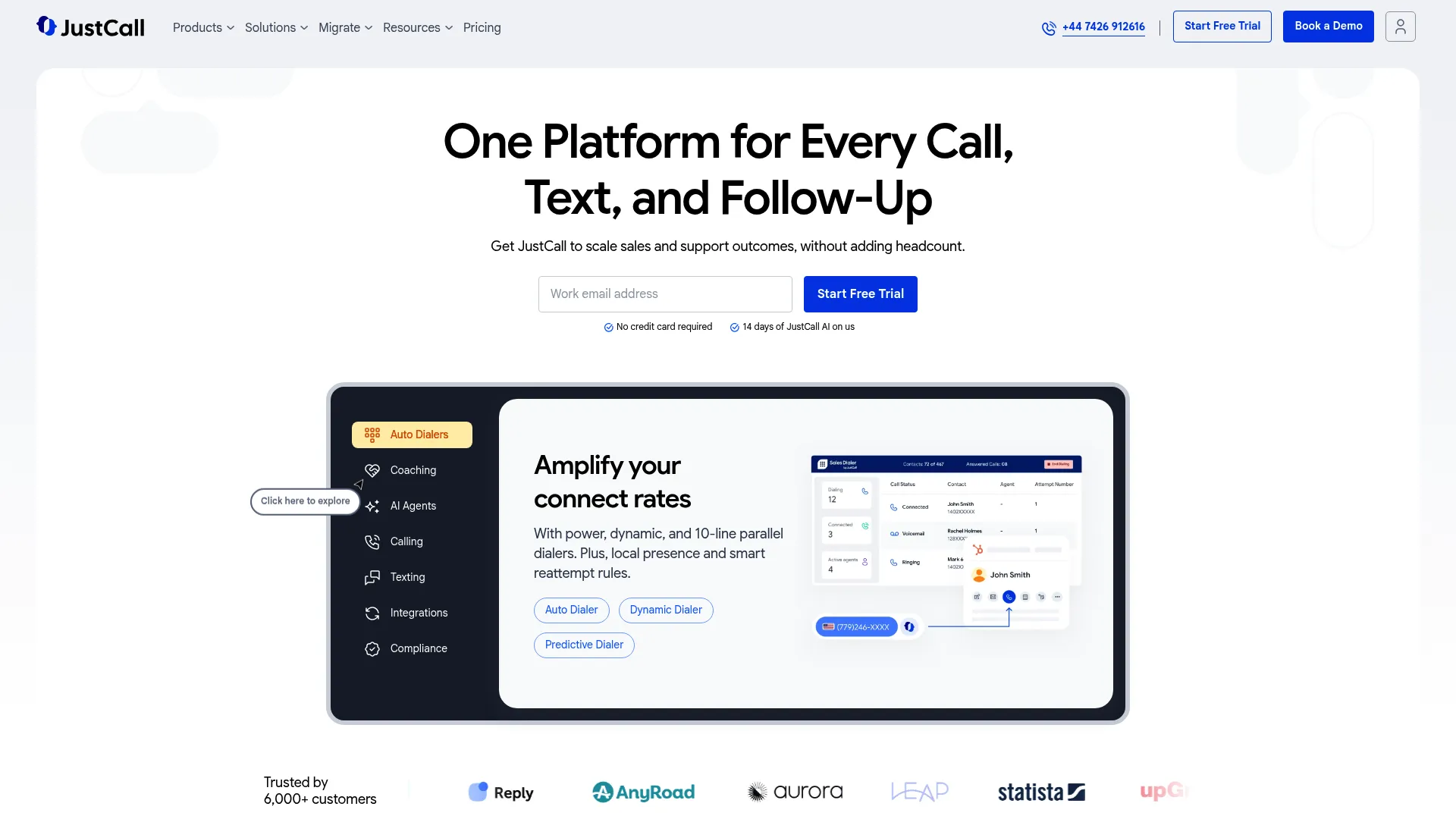 JustCall business communications platform homepage