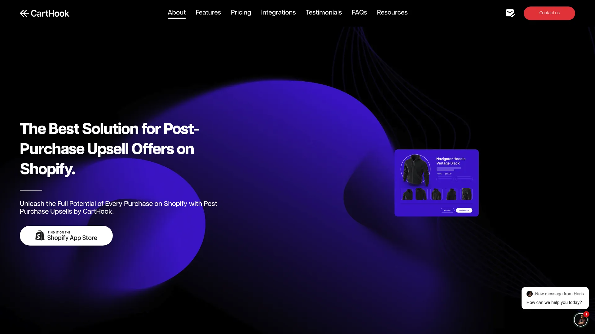 CartHook homepage showing post-purchase upsell offers for Shopify