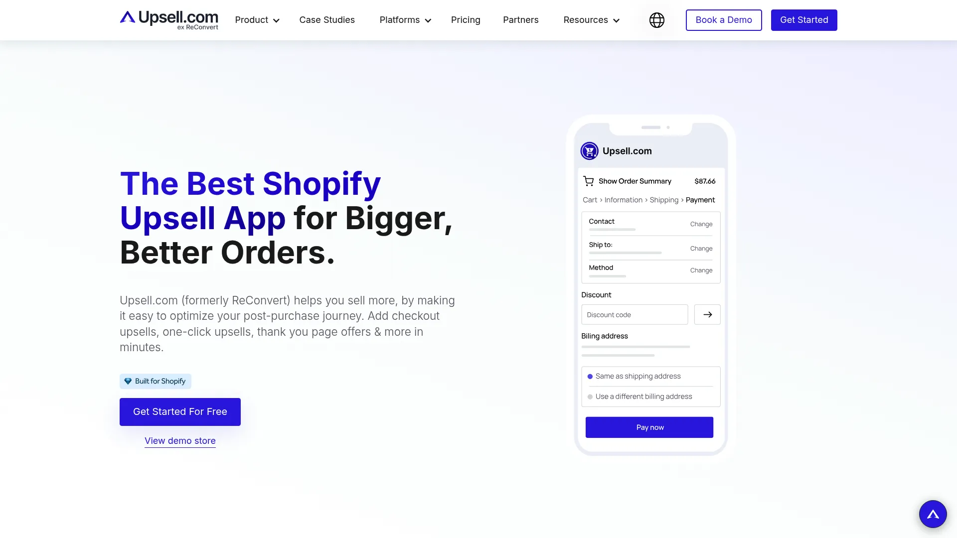 Upsell homepage showing restaurant and Shopify upsell platform