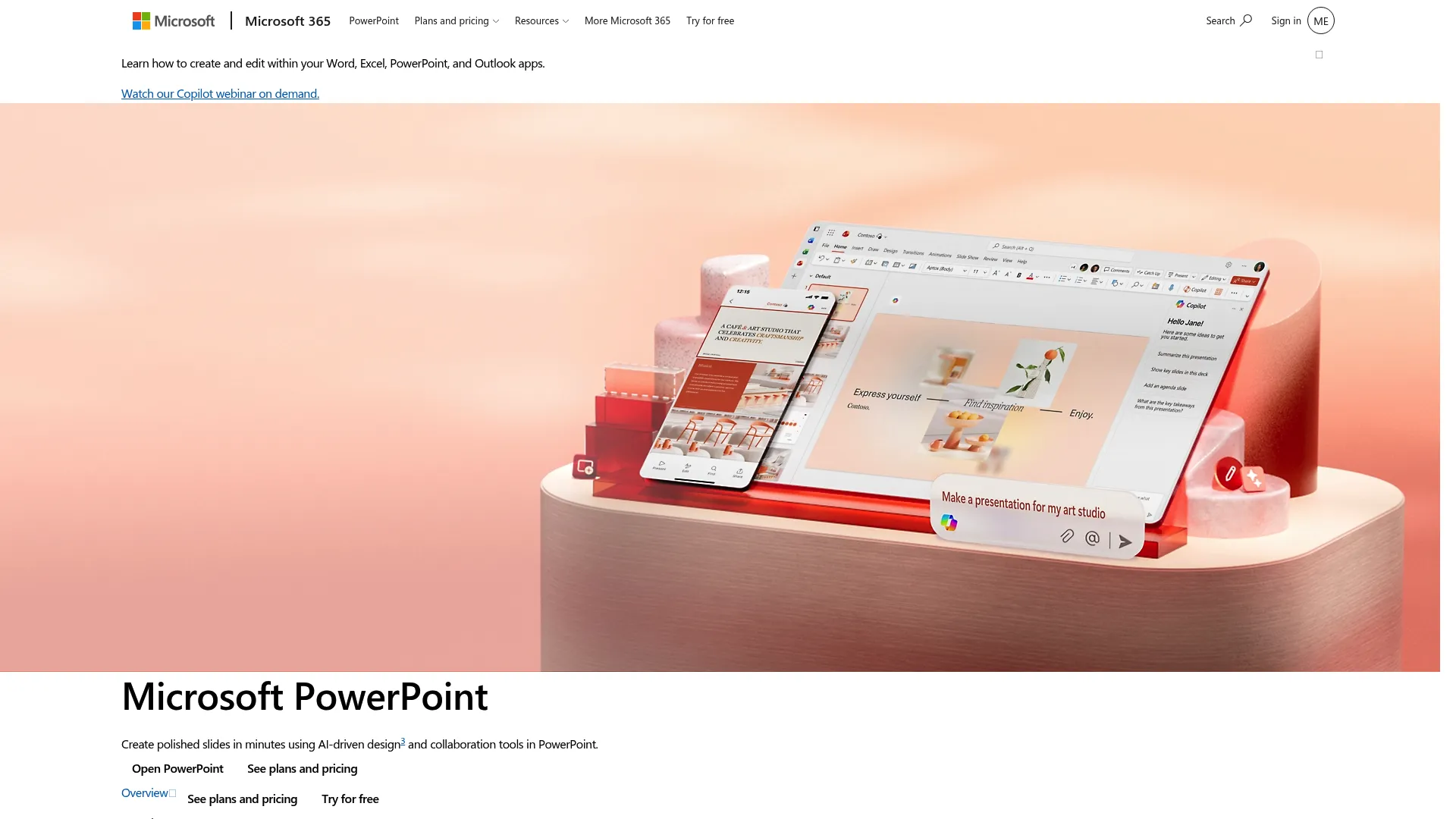 Microsoft PowerPoint presentation software homepage