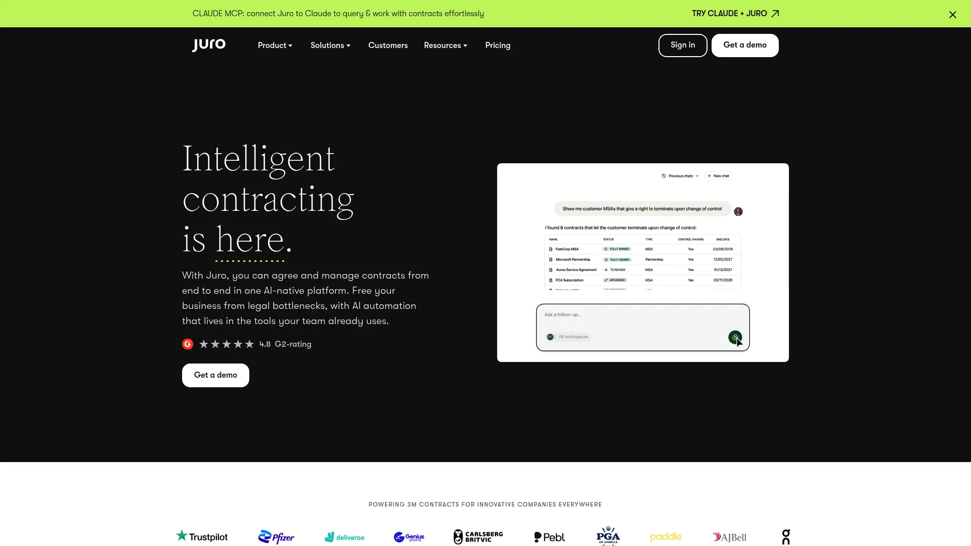 Juro contract automation platform homepage