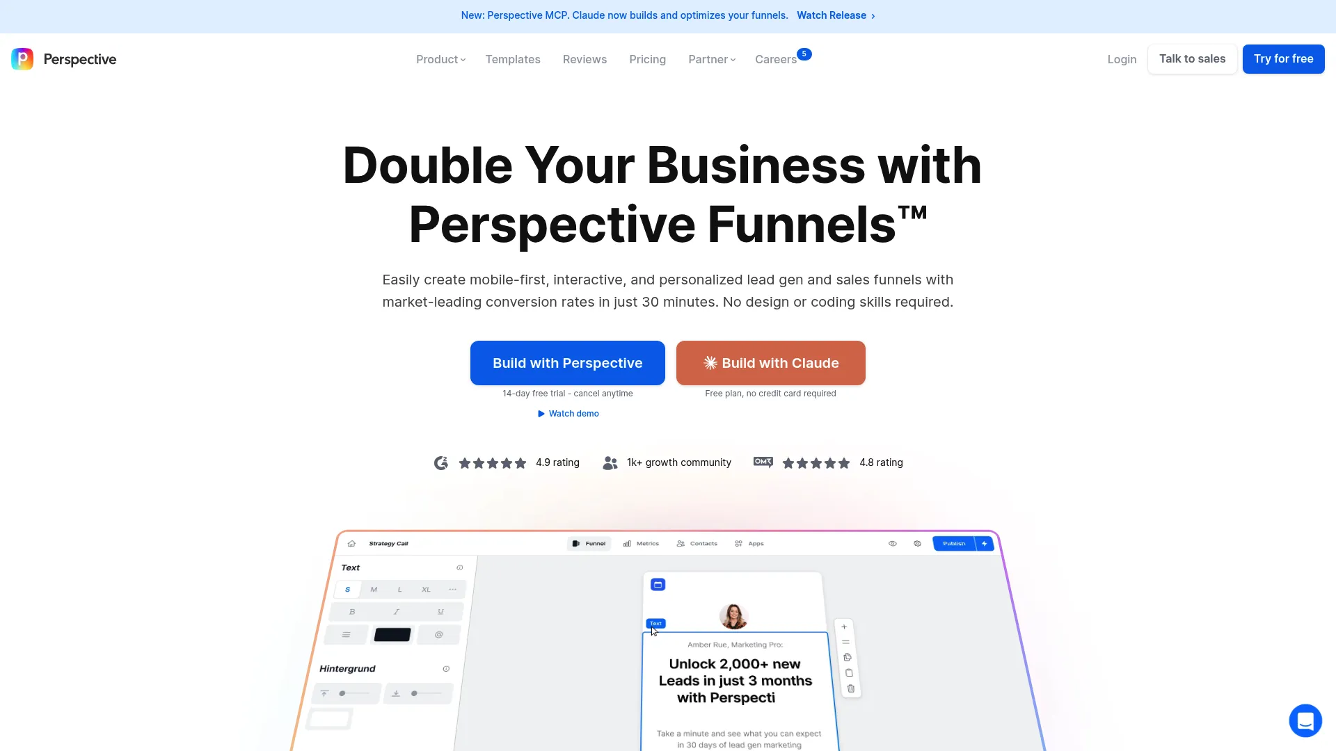 Perspective mobile-first funnel builder homepage