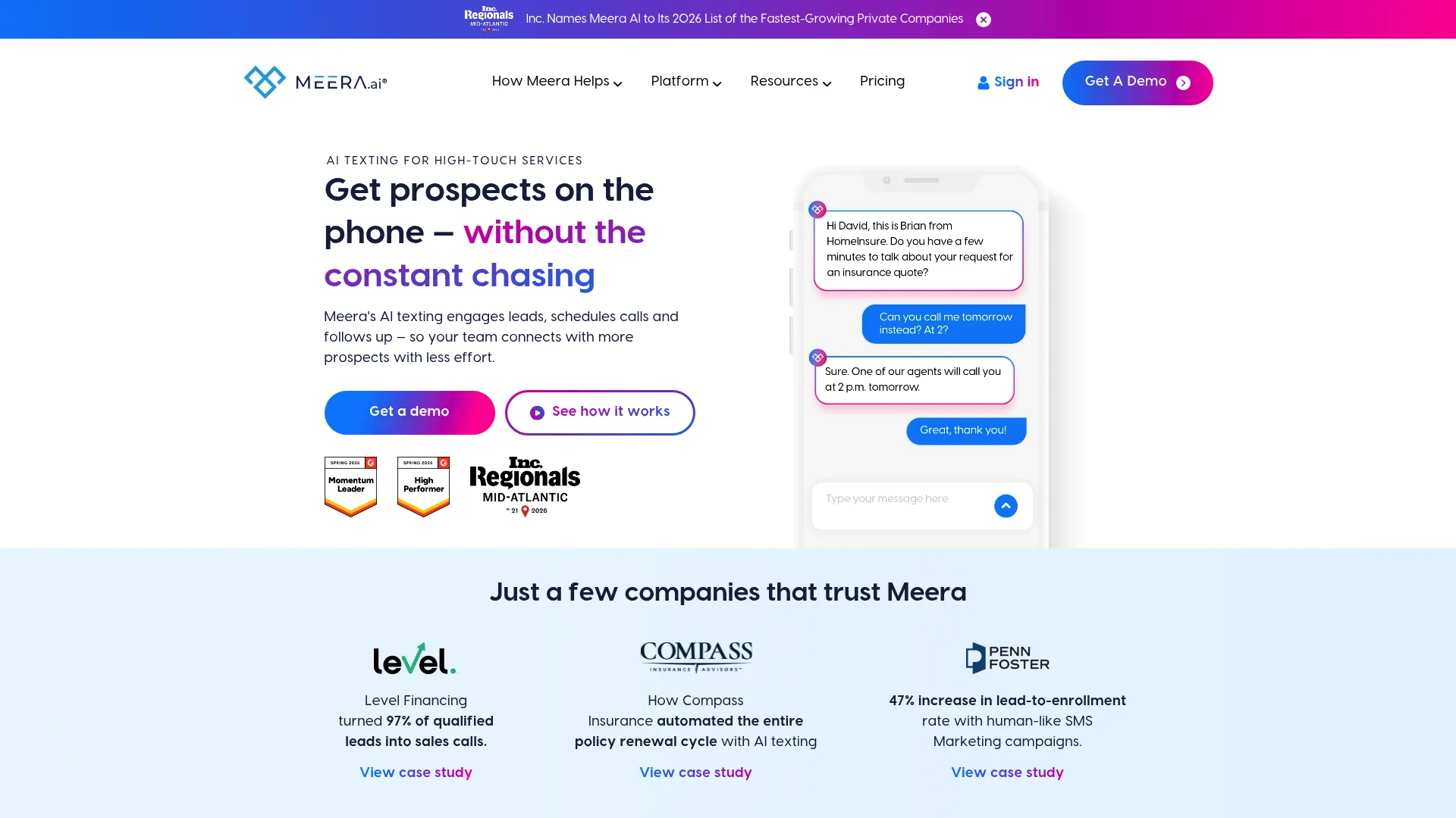 Meera AI conversational texting platform homepage