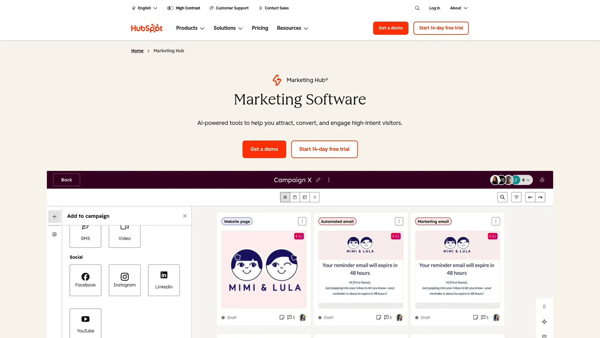 HubSpot Marketing Hub homepage