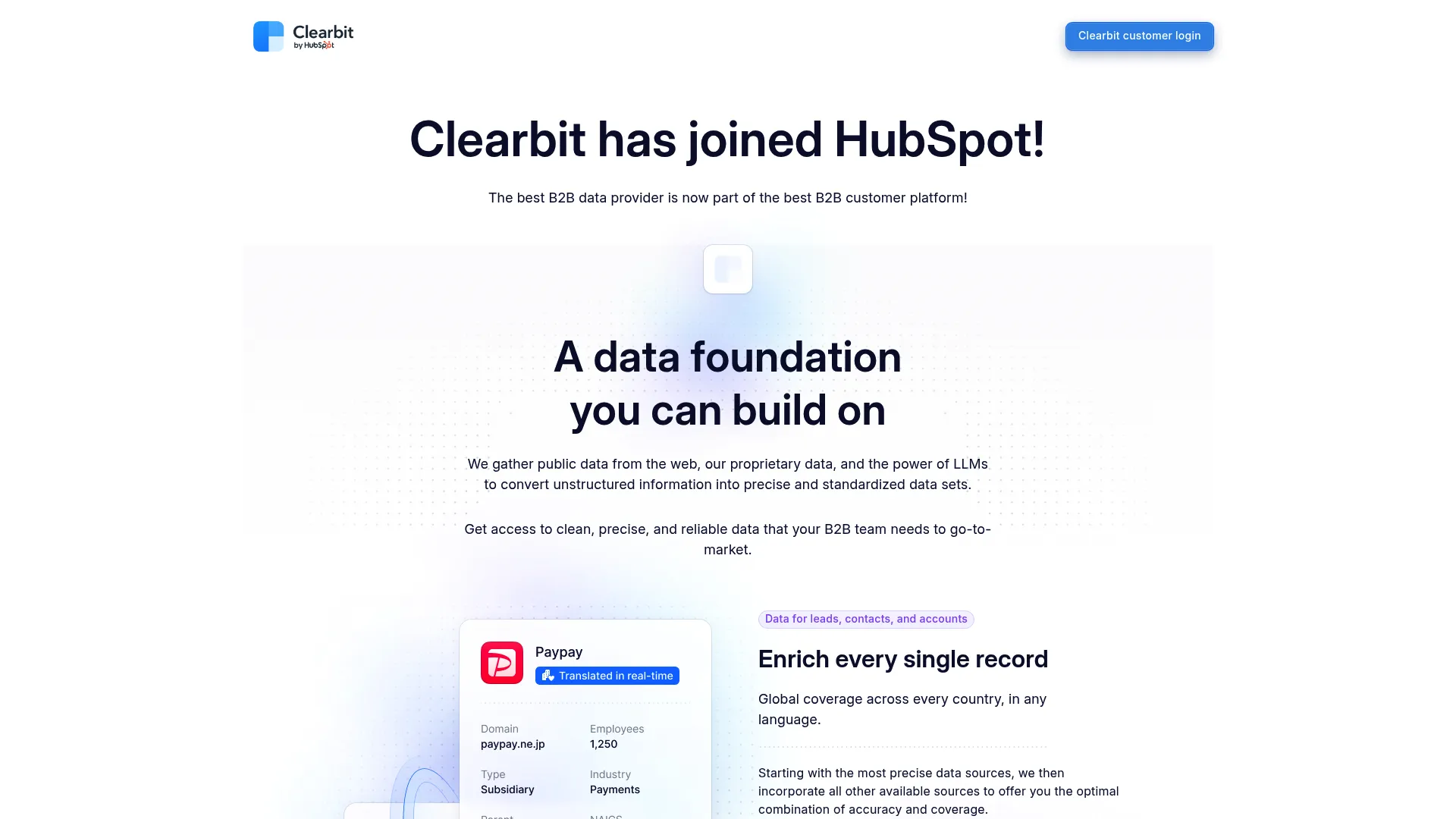 Clearbit data enrichment platform homepage