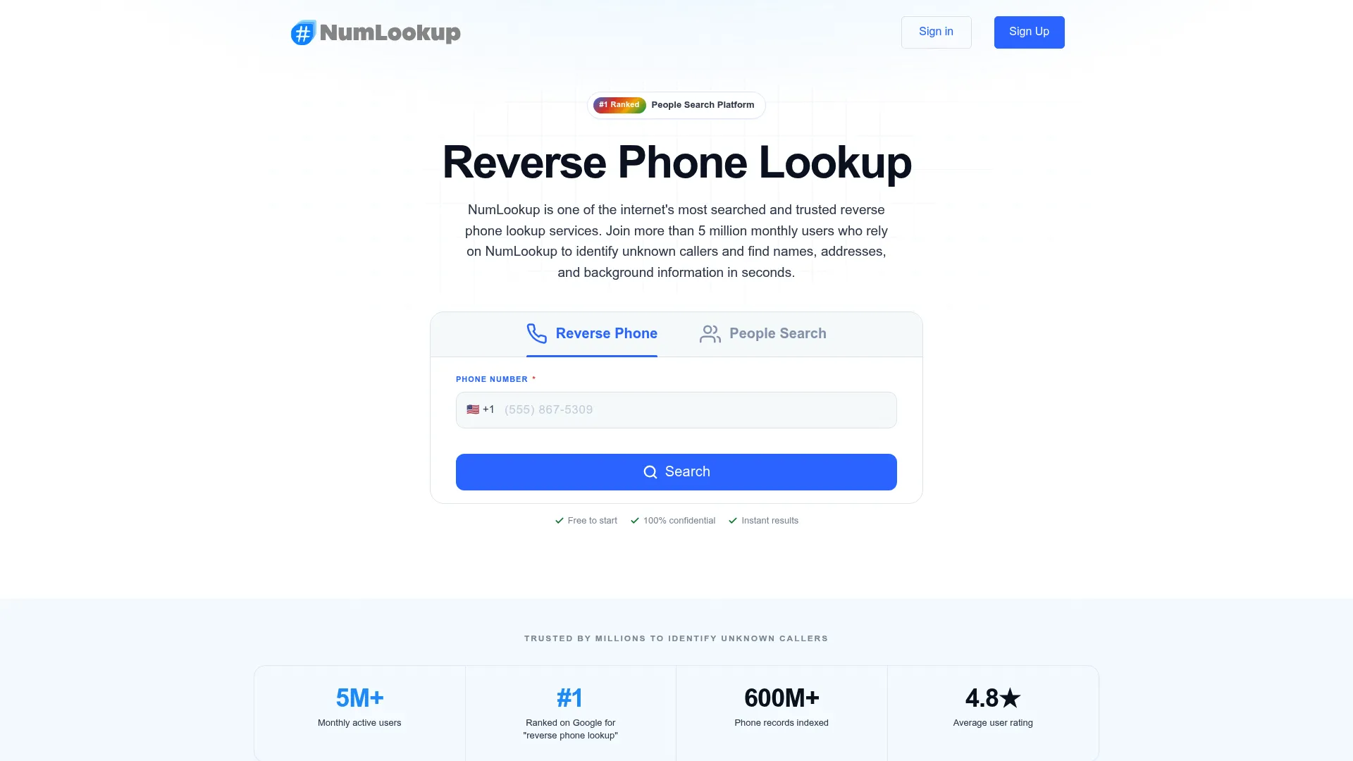 NumLookup reverse phone lookup page