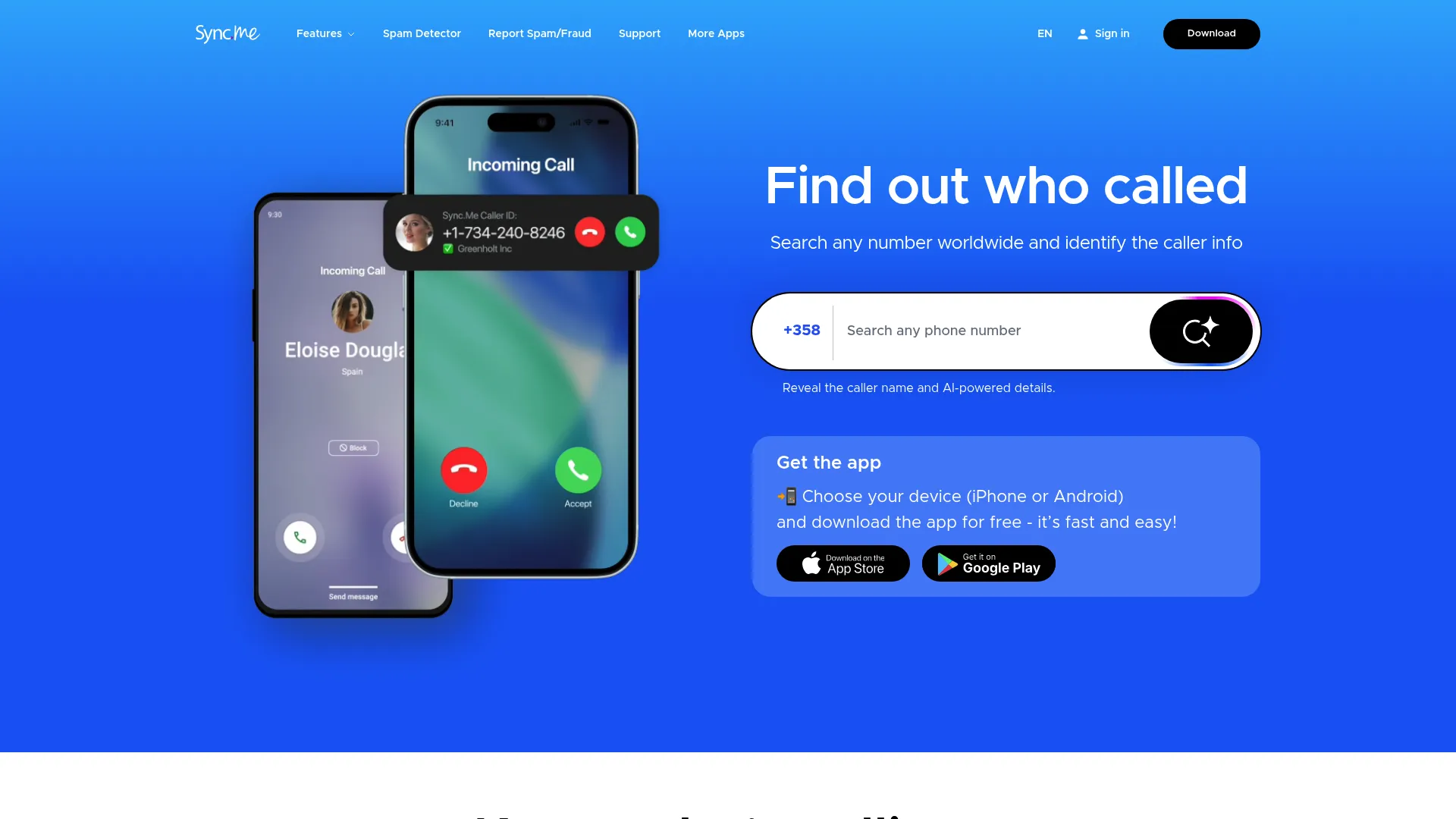 Sync.me caller ID app page