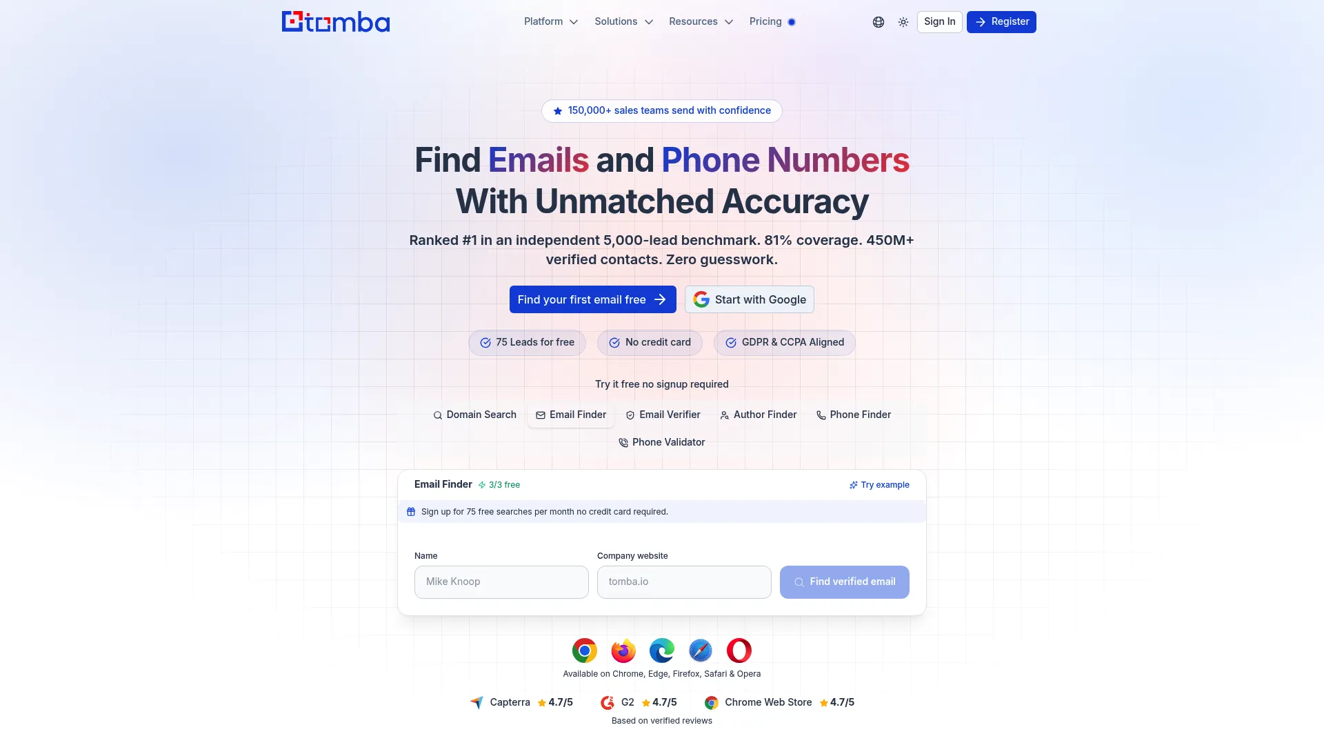 Tomba Phone Finder homepage