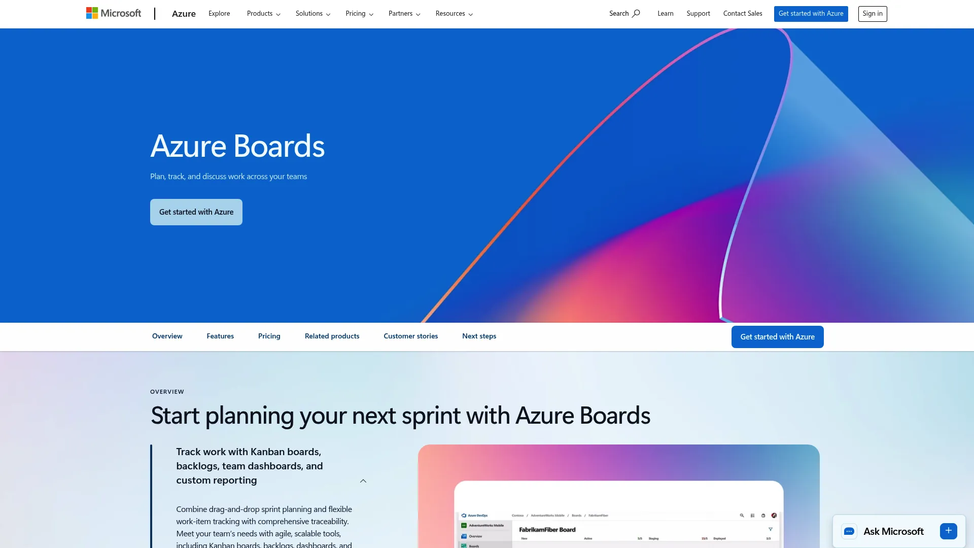 Azure Boards work item board with backlog and sprints
