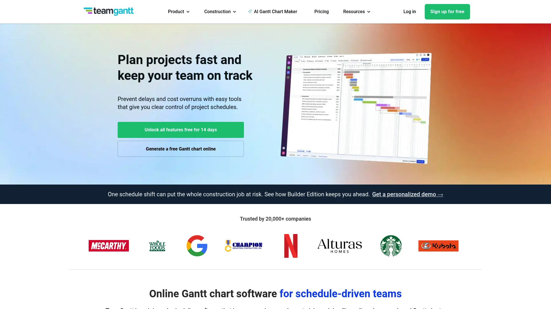 TeamGantt planning interface