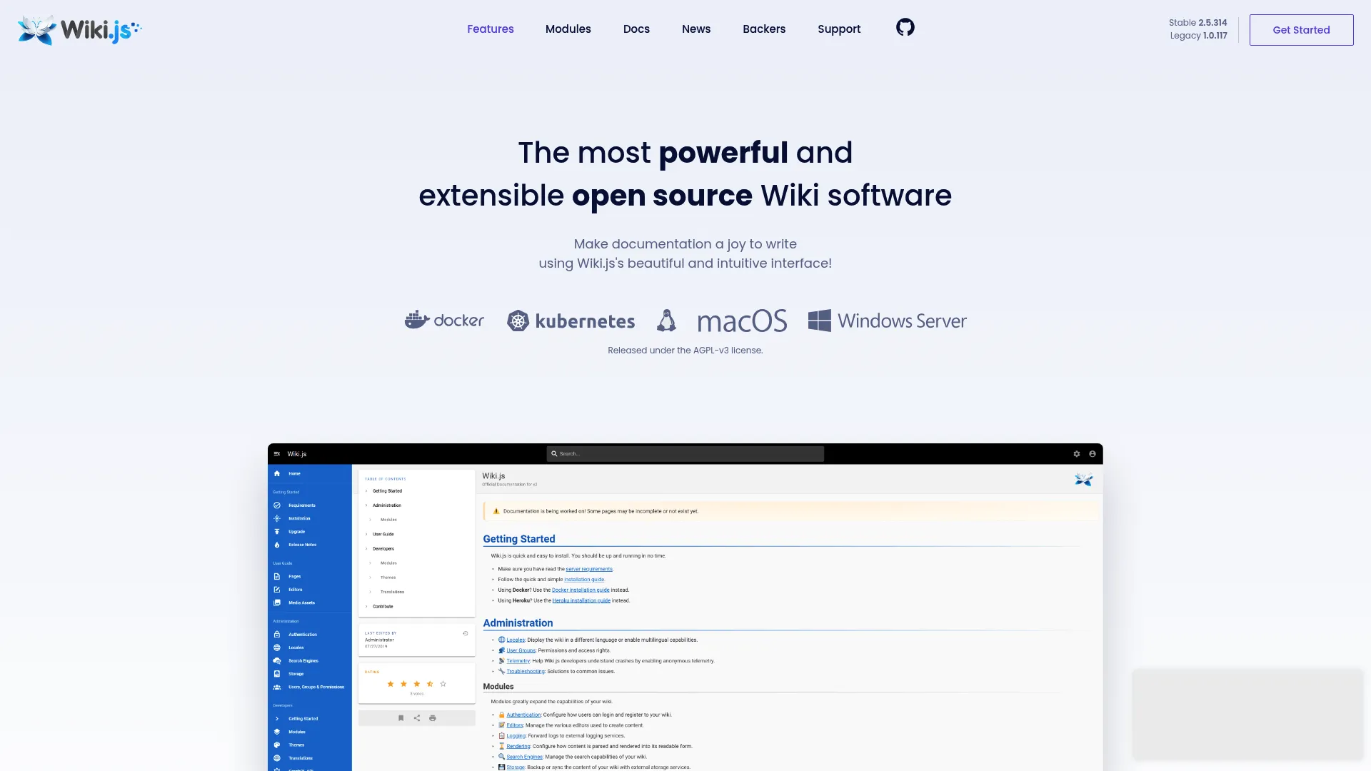 Wiki.js interface showing a self-hosted open-source wiki