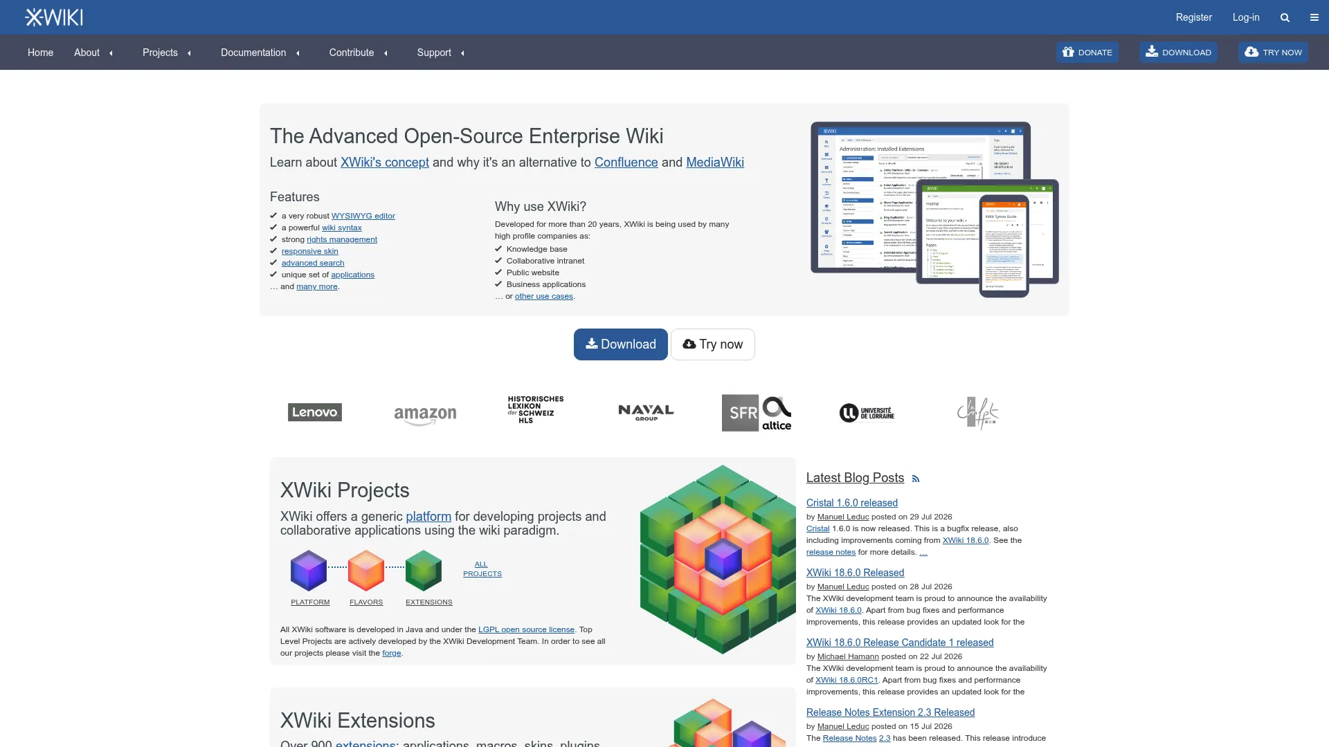 XWiki interface showing an enterprise open-source wiki platform