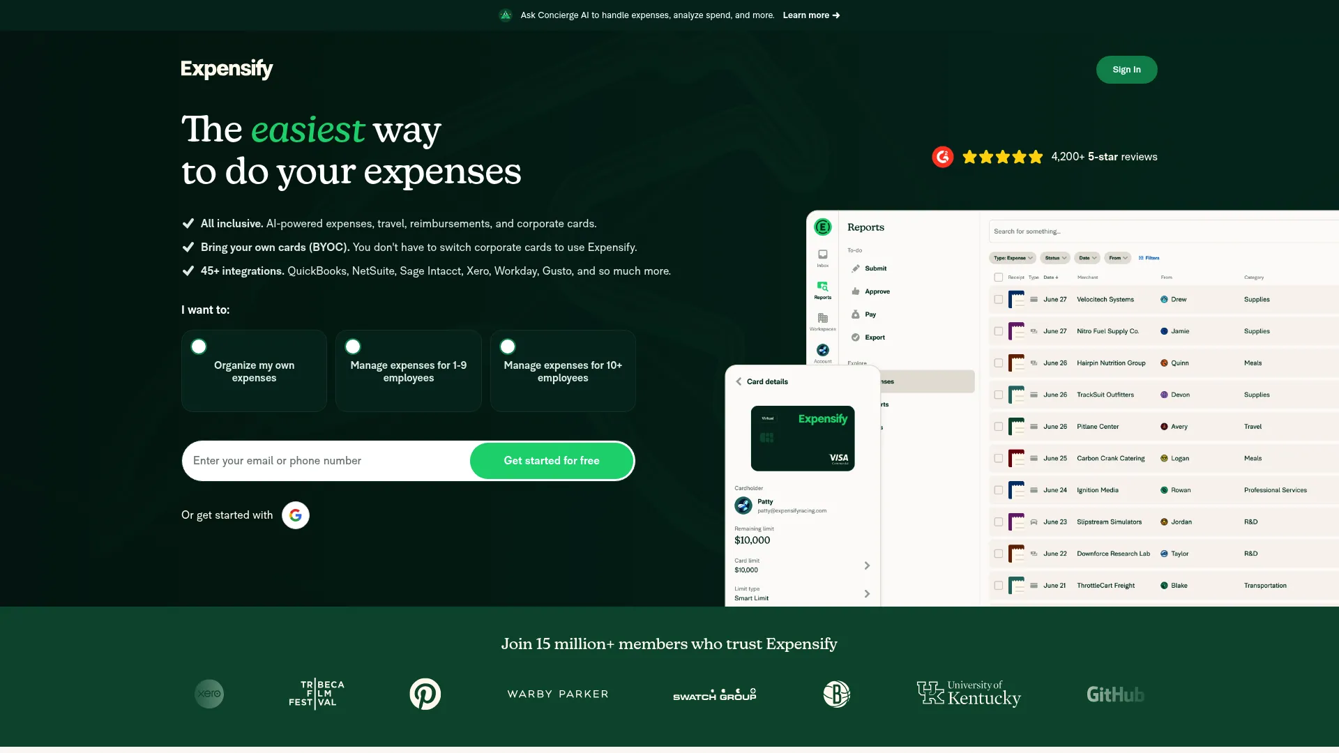 Expensify expense and receipt management homepage