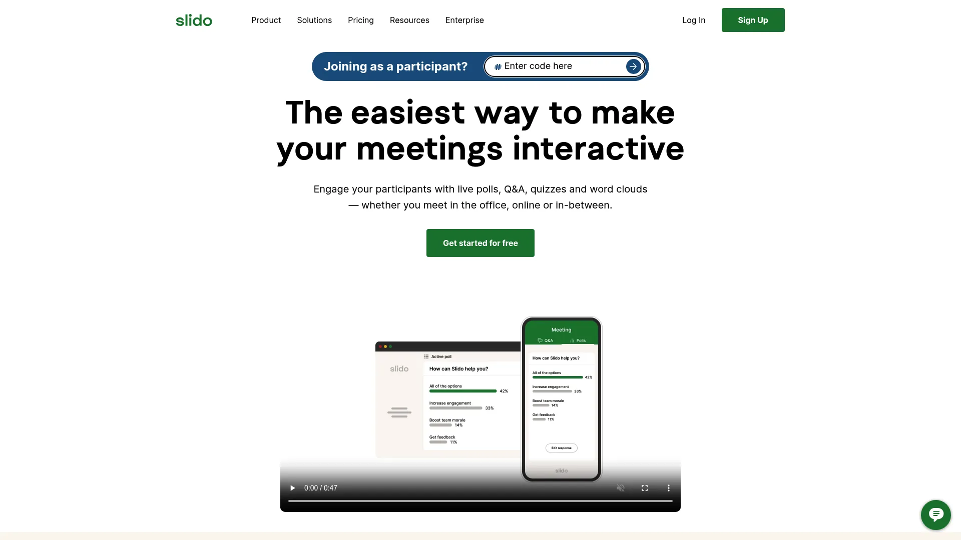 Slido homepage showing live polls and audience Q&A software