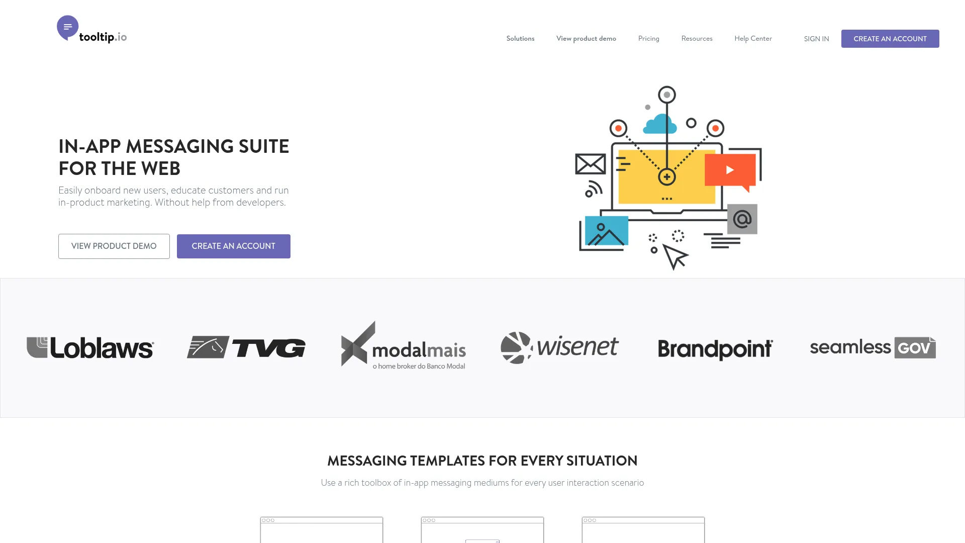 Tooltip.io in-app messaging suite homepage