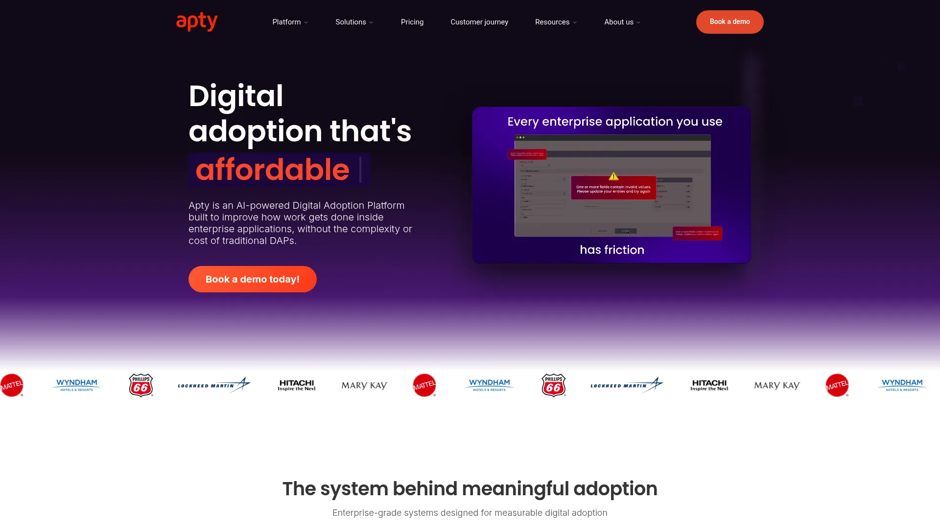 Apty digital adoption platform homepage