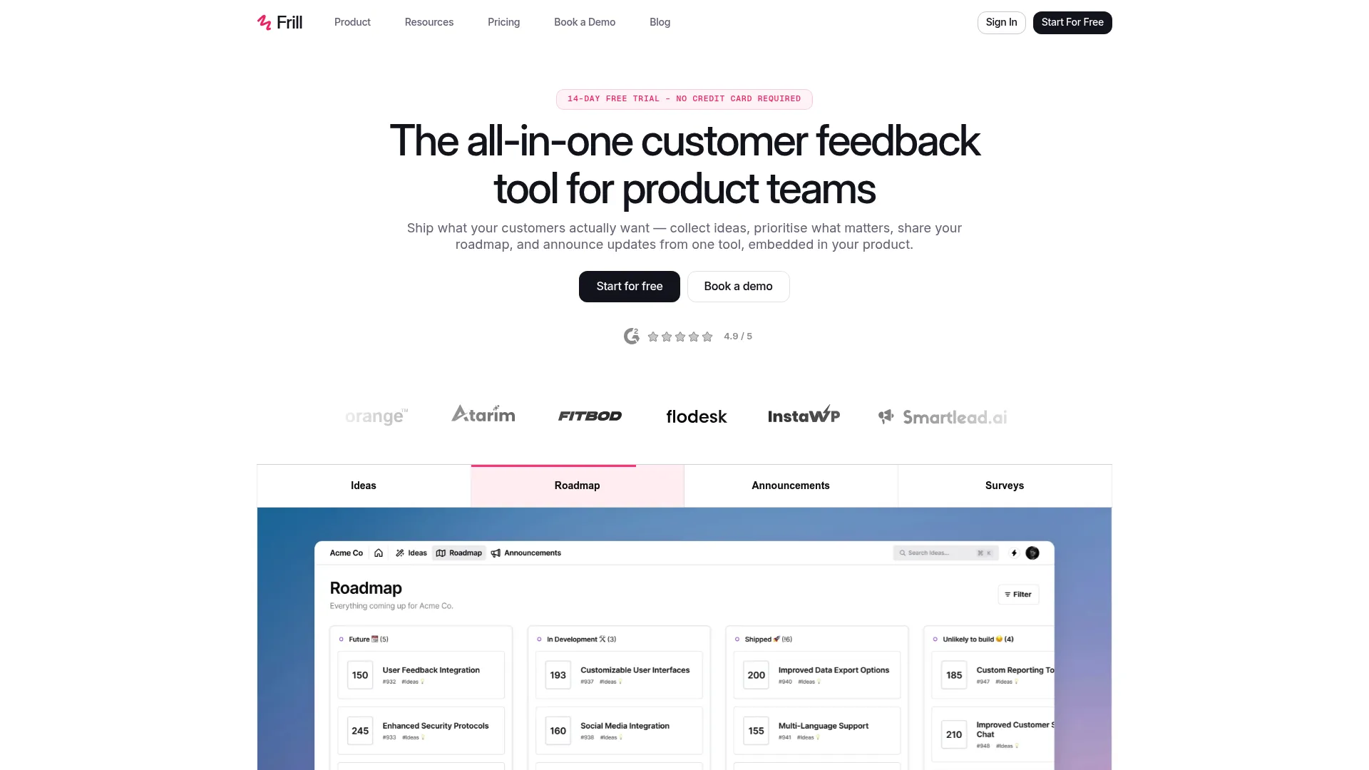 Frill customer feedback and roadmap platform homepage