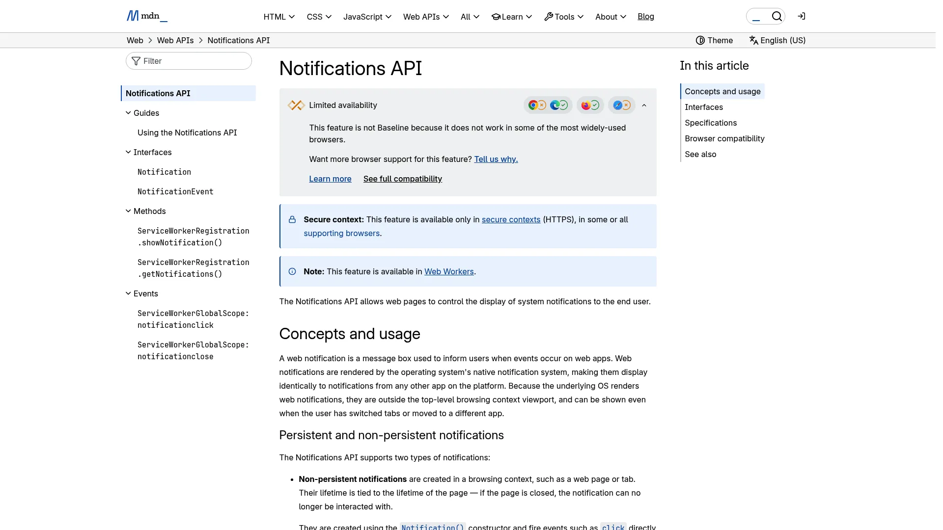 Notification API documentation on MDN