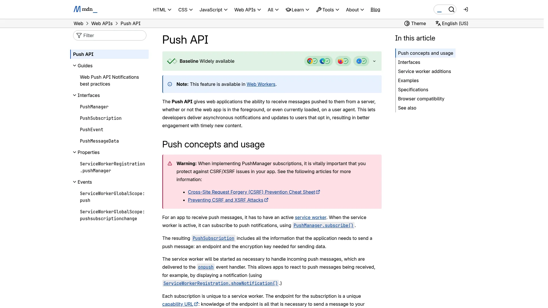 Push API documentation on MDN