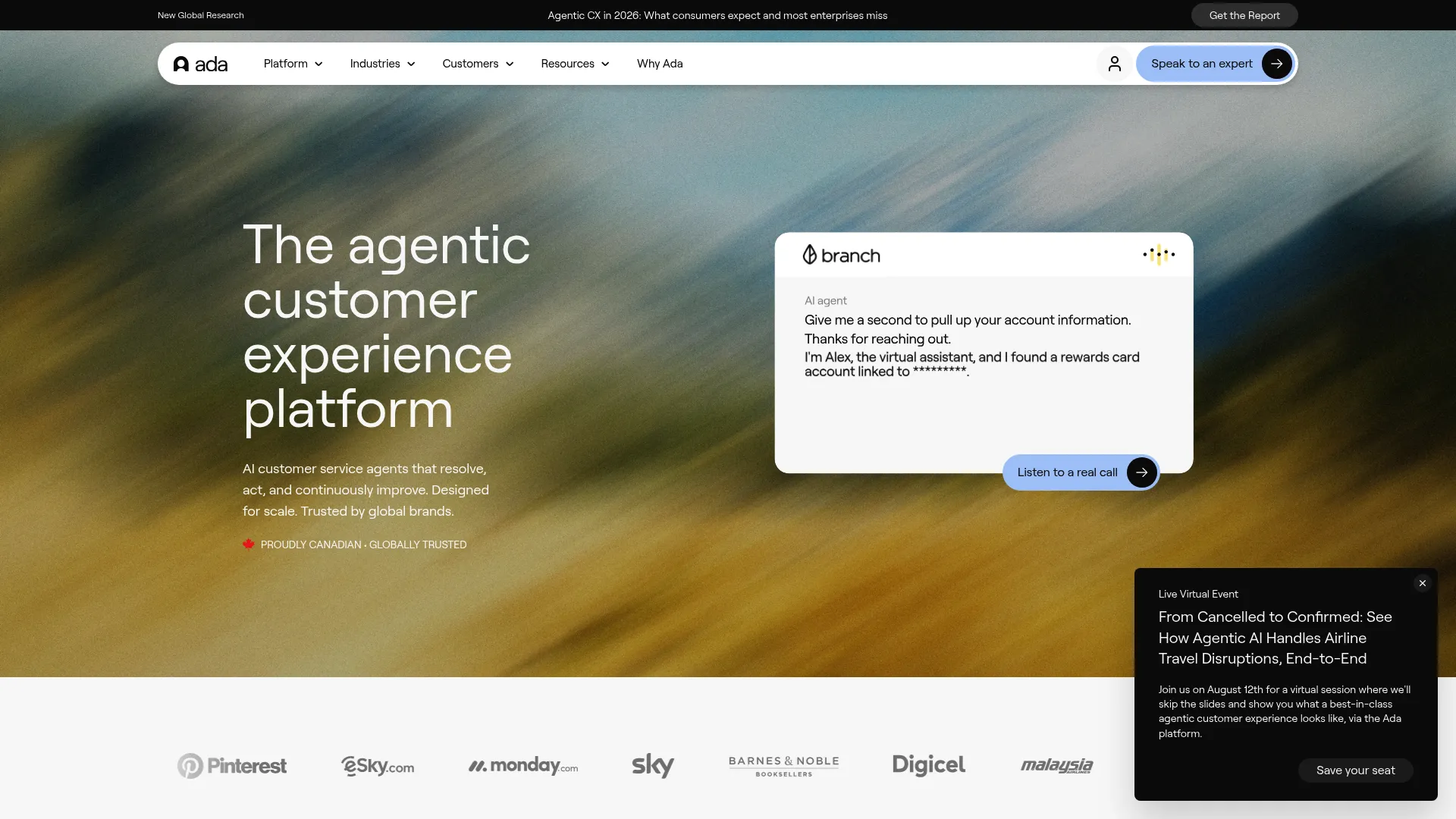 ADA AI Conversational Marketing Platform homepage
