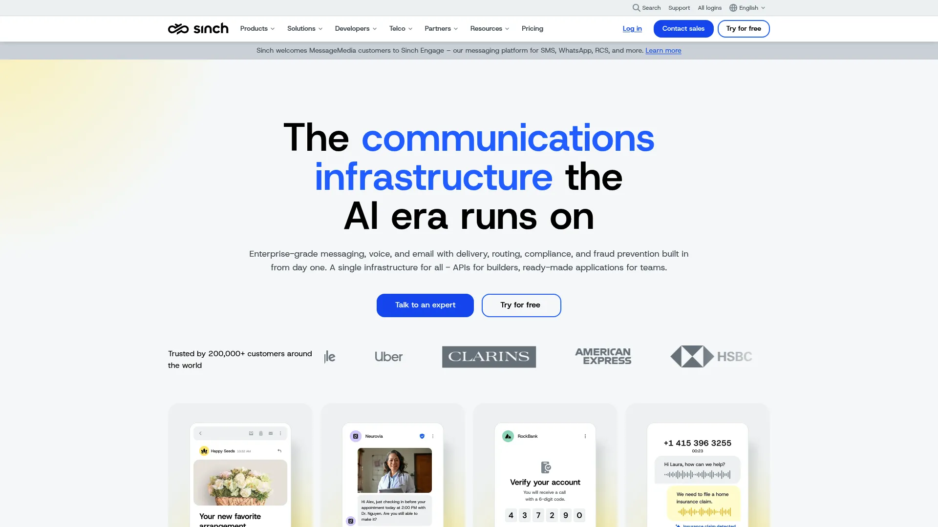 Sinch cloud communications platform homepage