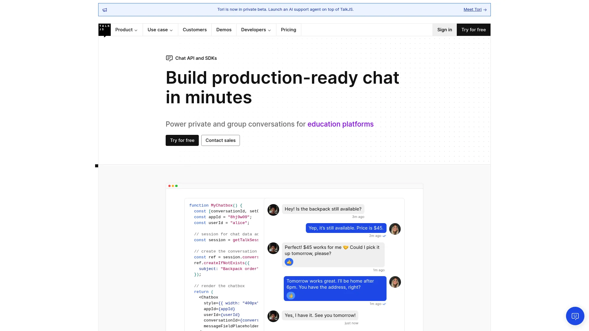 TalkJS embedded chat API and SDK homepage