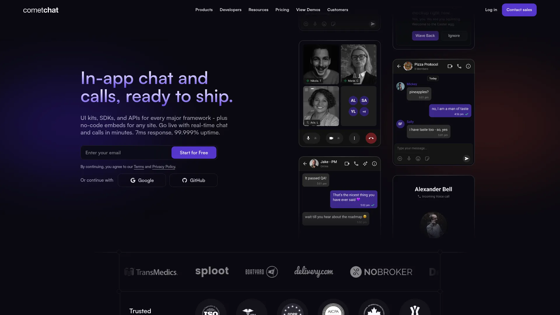 CometChat in-app chat, voice, and video platform homepage
