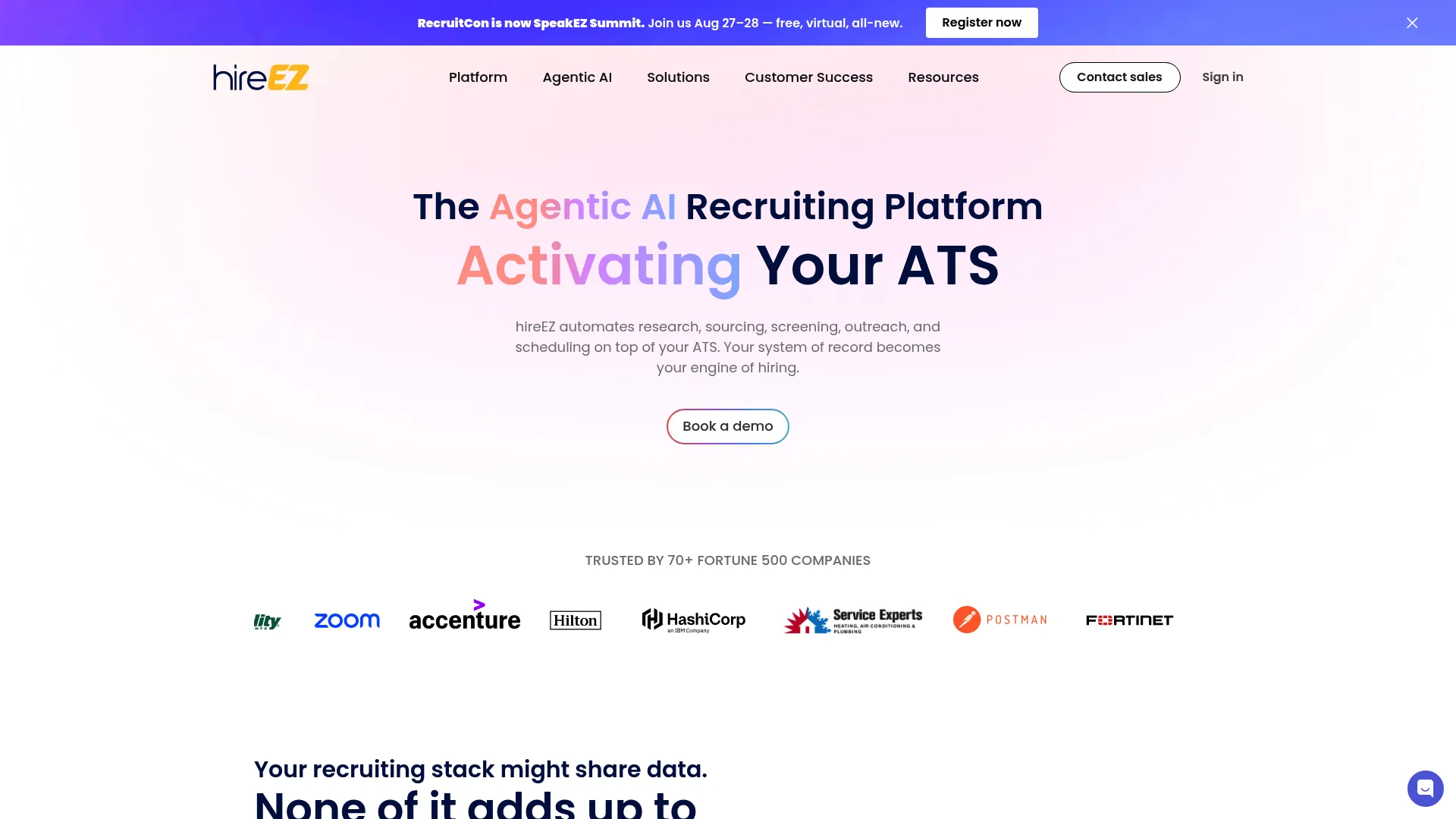 HireEZ AI recruiting platform homepage