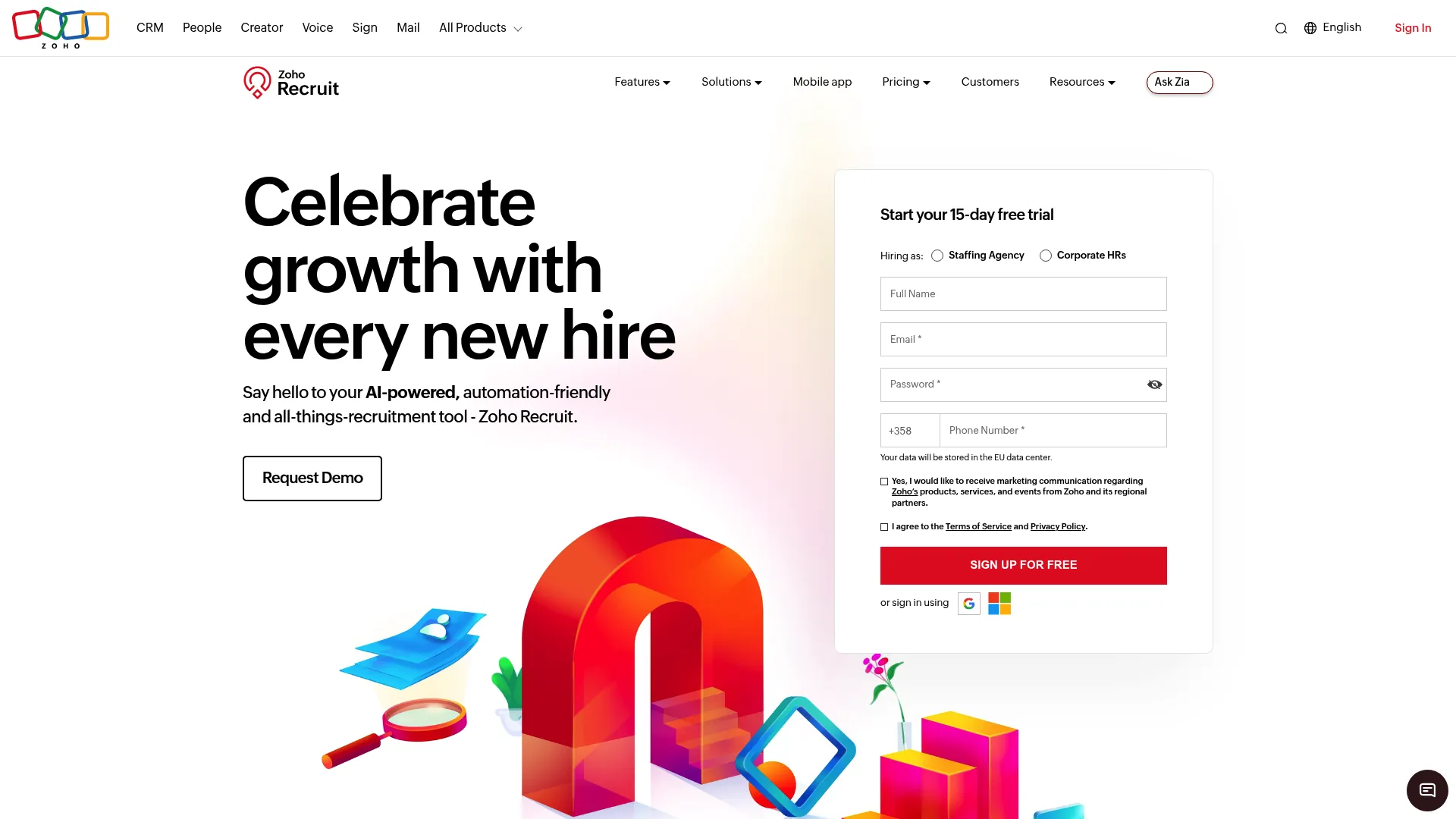 Zoho Recruit hiring platform homepage