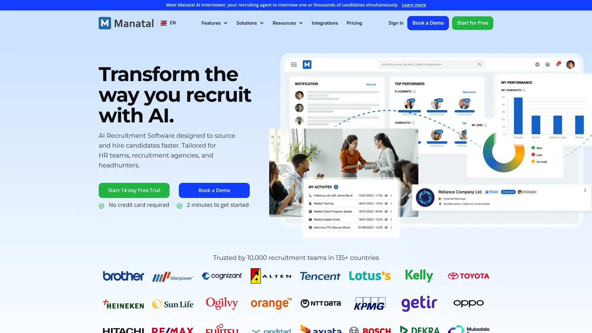 Manatal AI recruiting software homepage