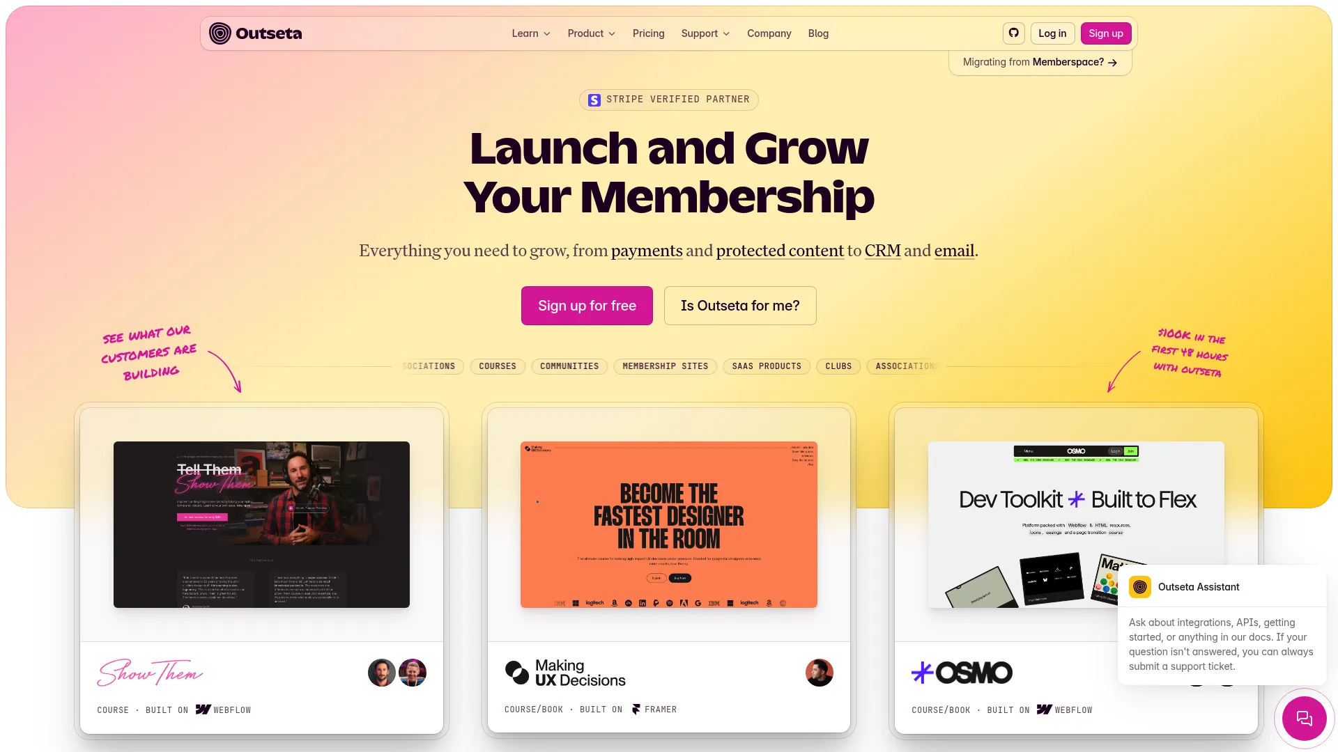 Outseta membership and billing platform homepage