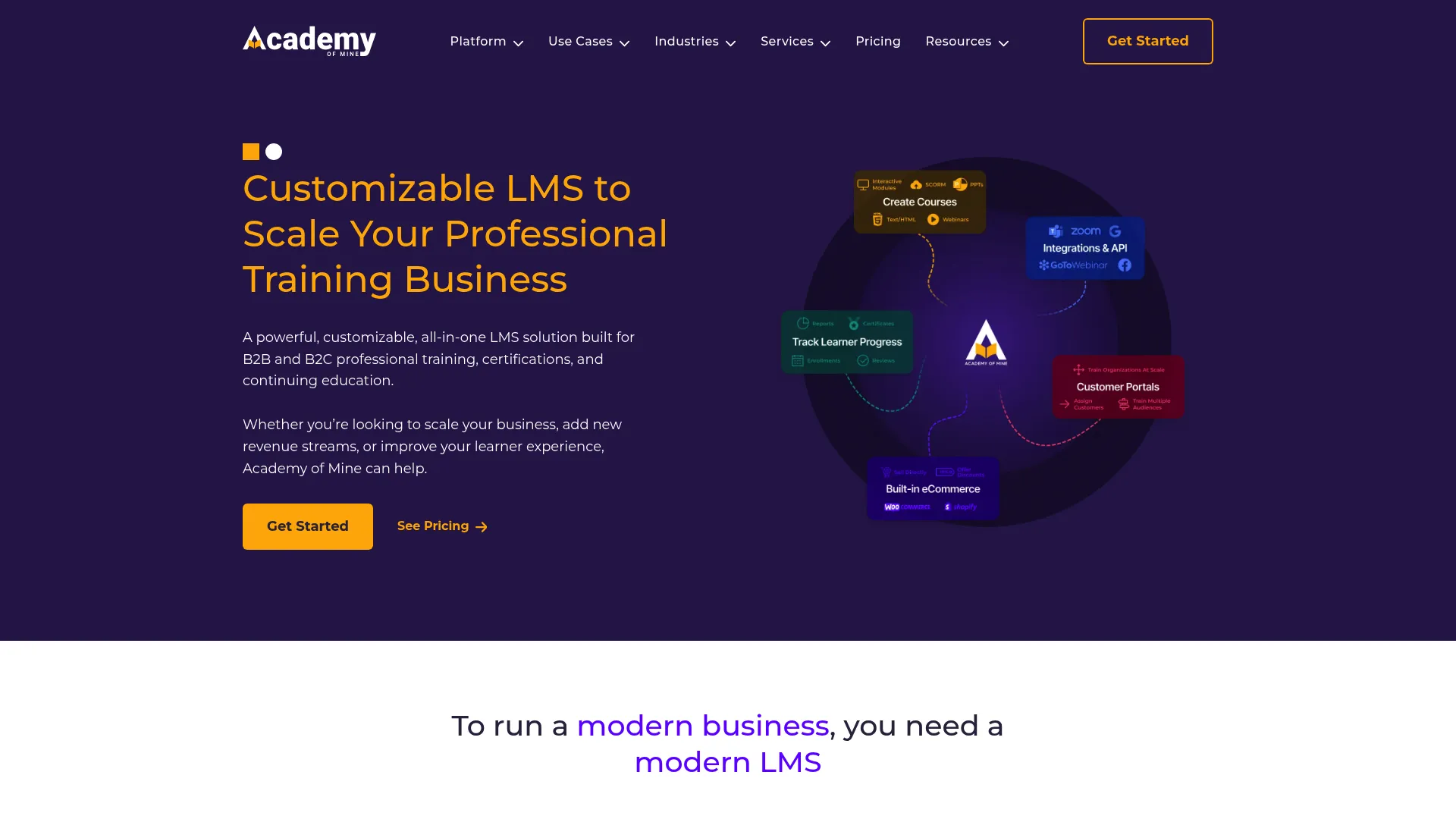 Academy of Mine B2B training LMS homepage