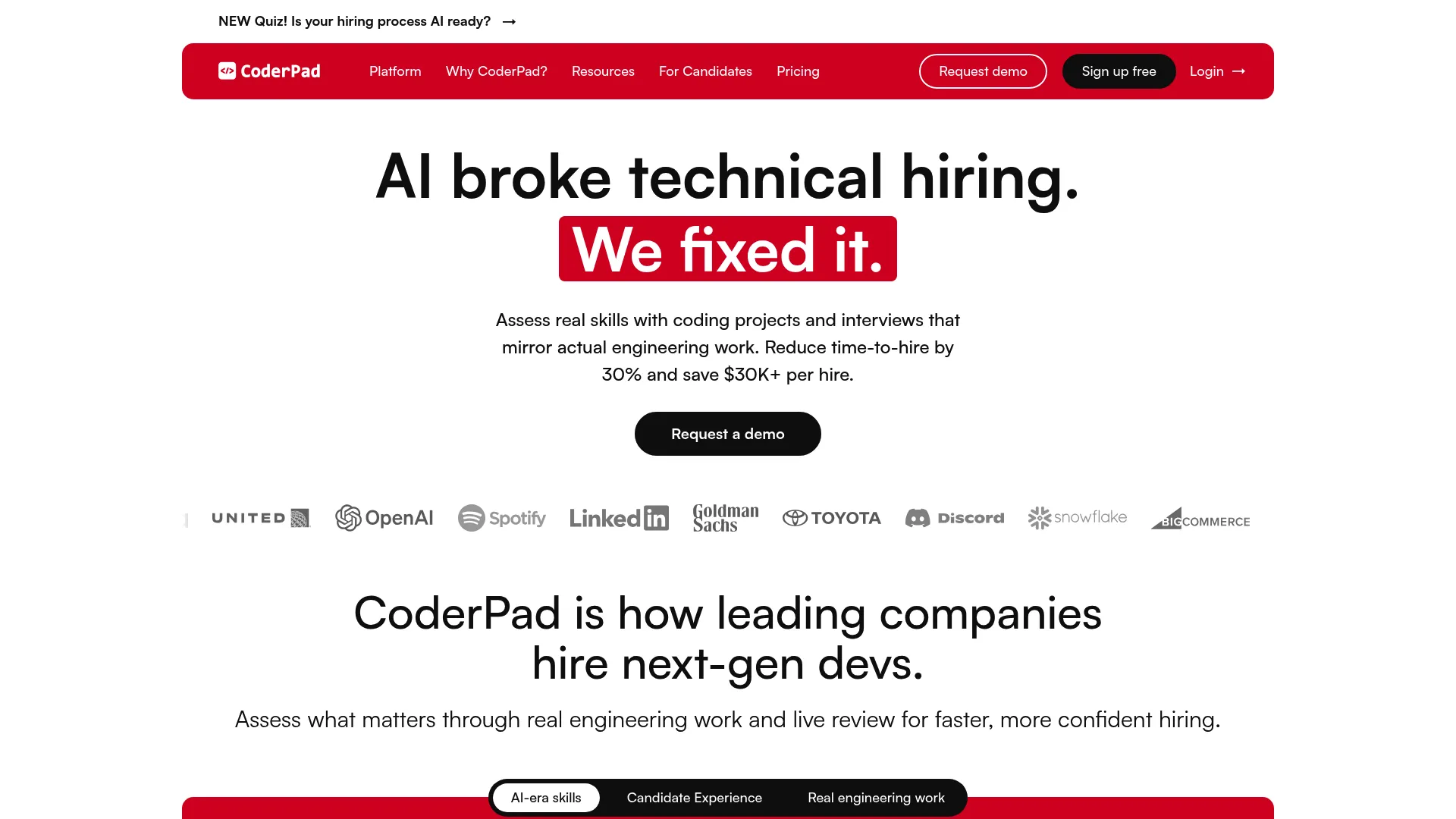 CoderPad homepage showing collaborative live coding interview environment