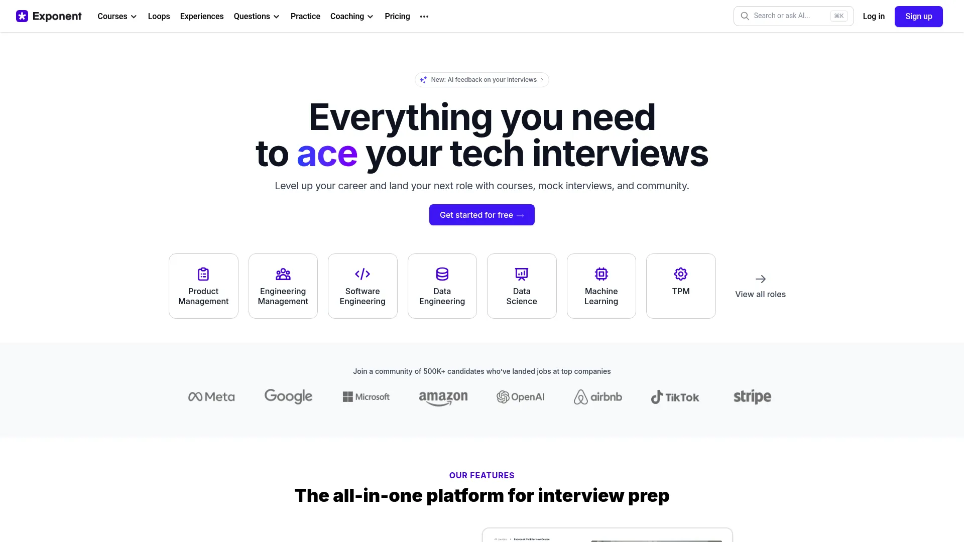 Exponent homepage showing tech interview preparation courses and mock interviews